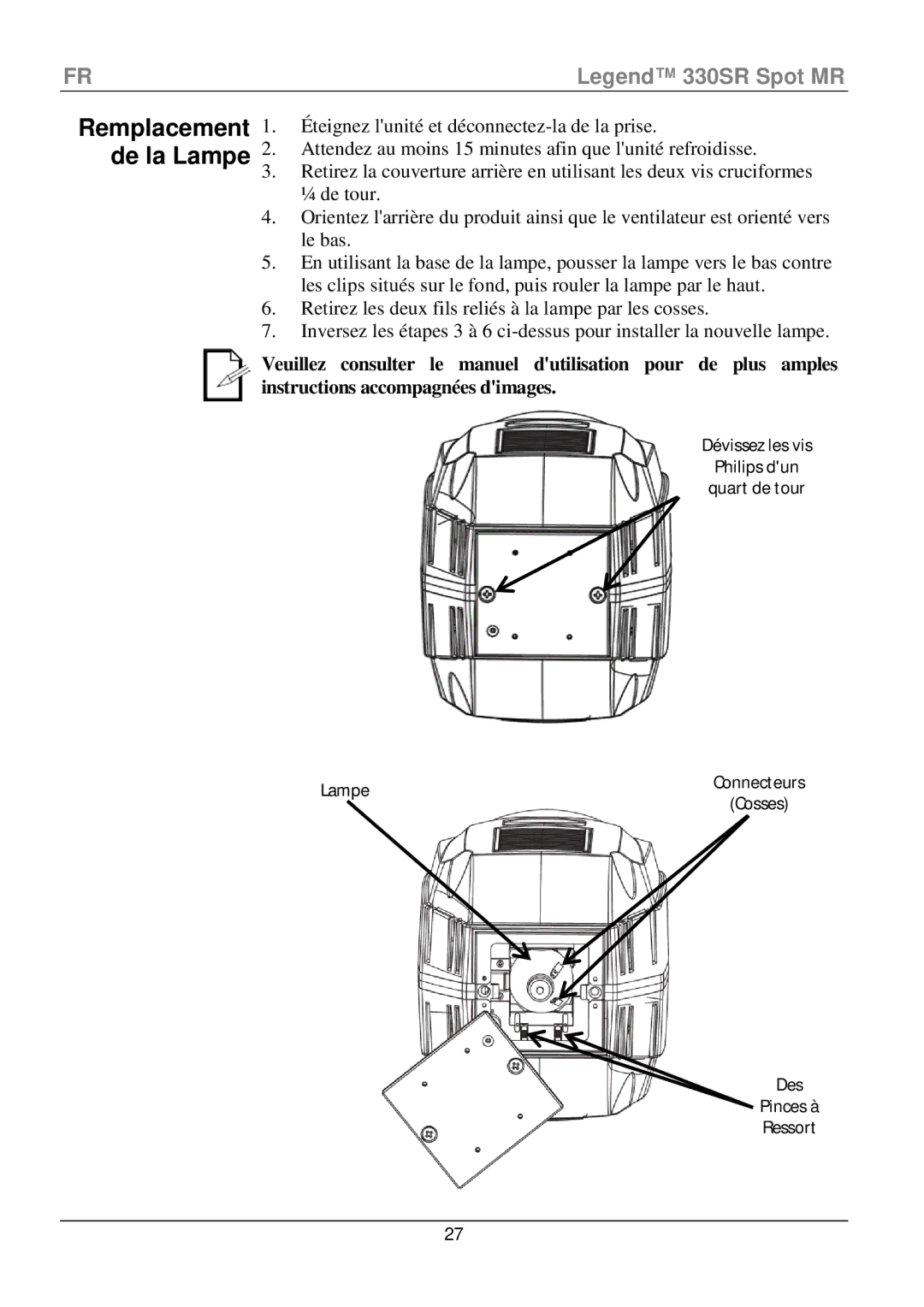 Chauvet 330SR manual Remplacement De la Lampe 