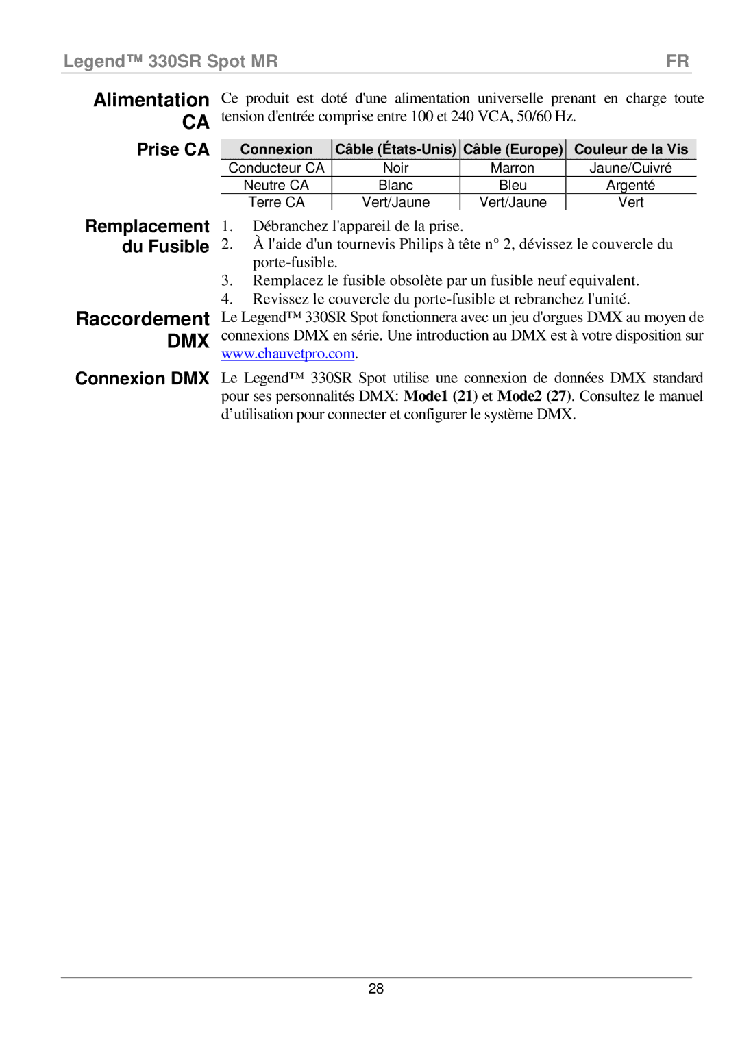 Chauvet 330SR manual Alimentation, Raccordement, Prise CA, Remplacement Du Fusible, Connexion DMX 