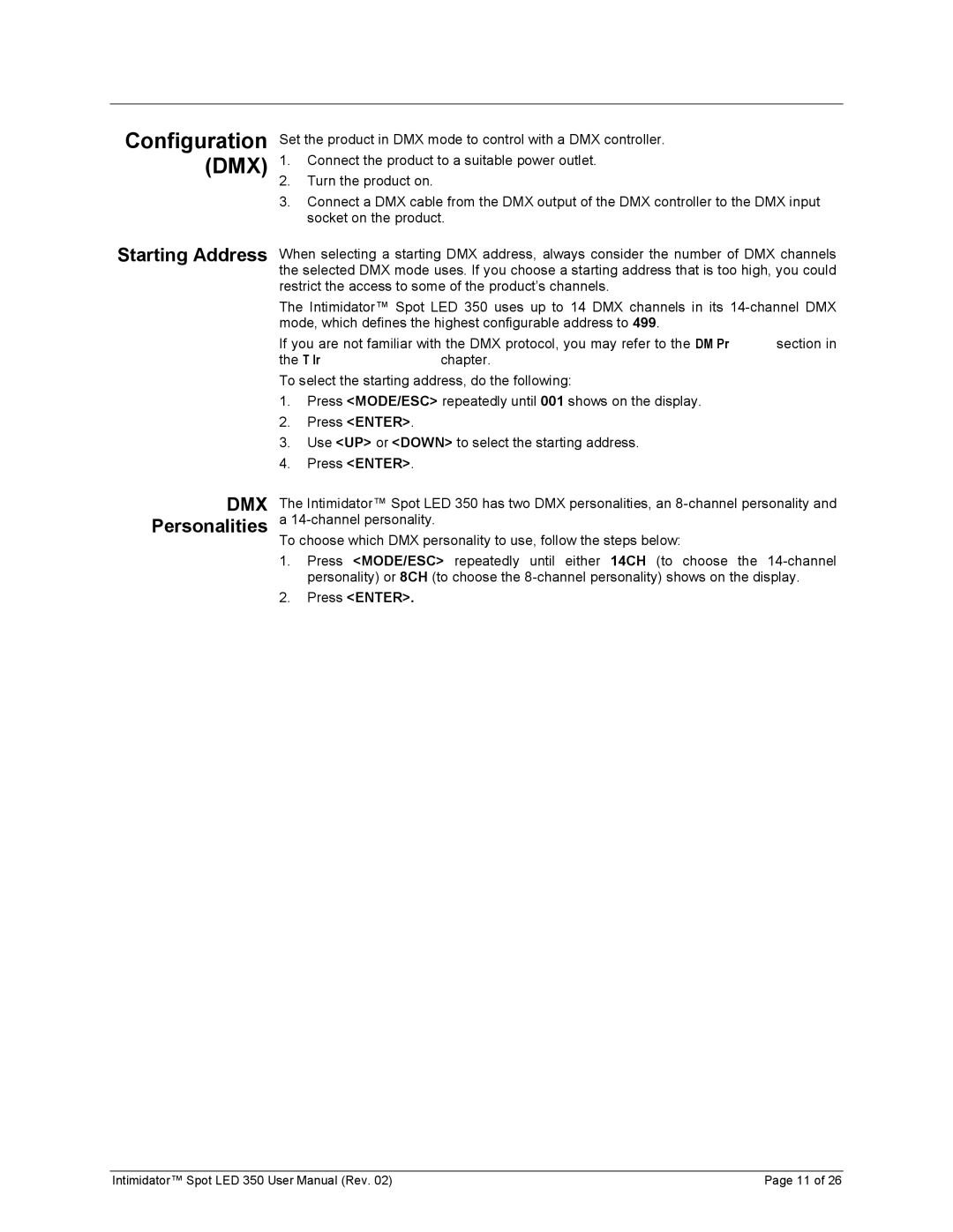 Chauvet 350 user manual Configuration, Starting Address DMX Personalities 