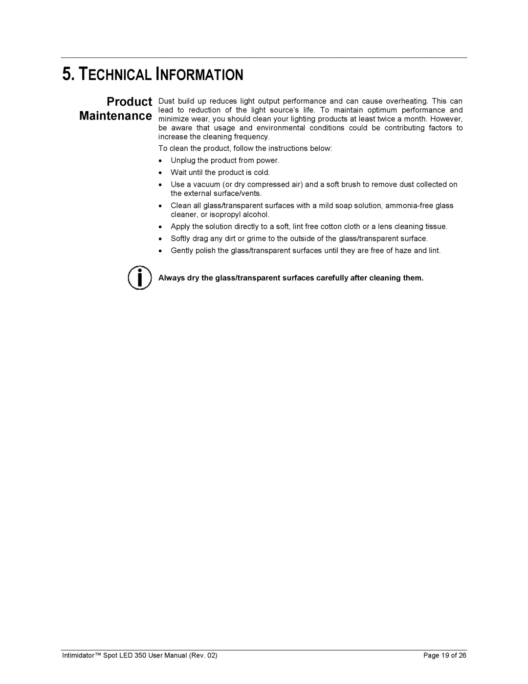 Chauvet 350 user manual Technical Information, Product Maintenance 