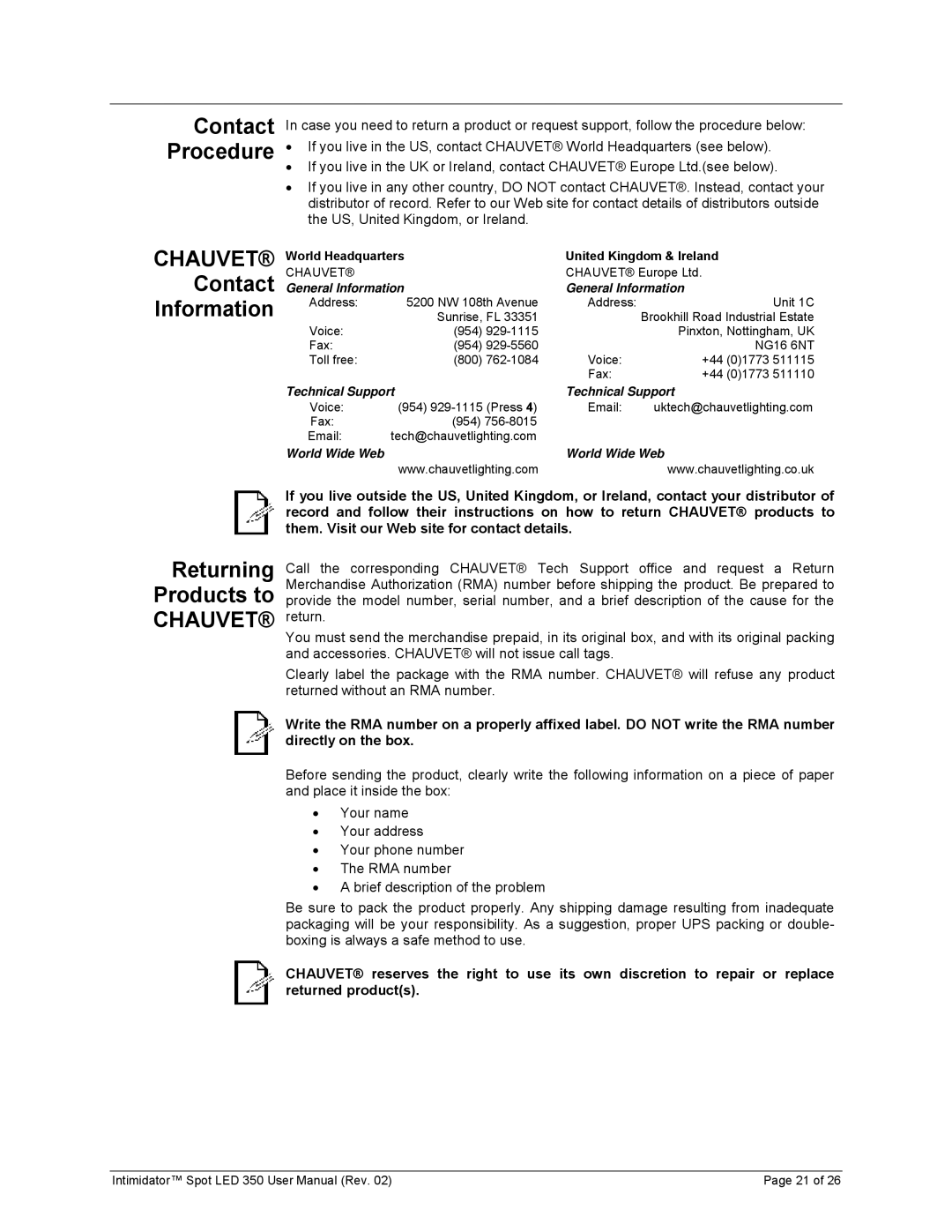 Chauvet 350 user manual Contact Procedure, Contact Information 