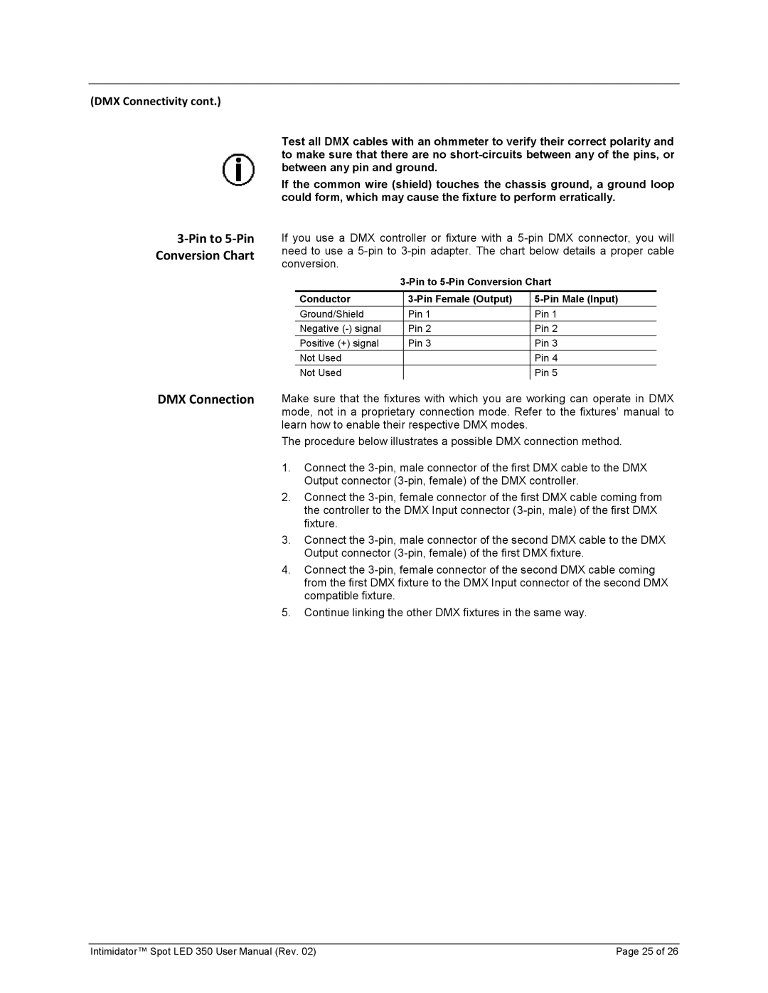 Chauvet 350 user manual Pin to 5-Pin Conversion Chart DMX Connection 