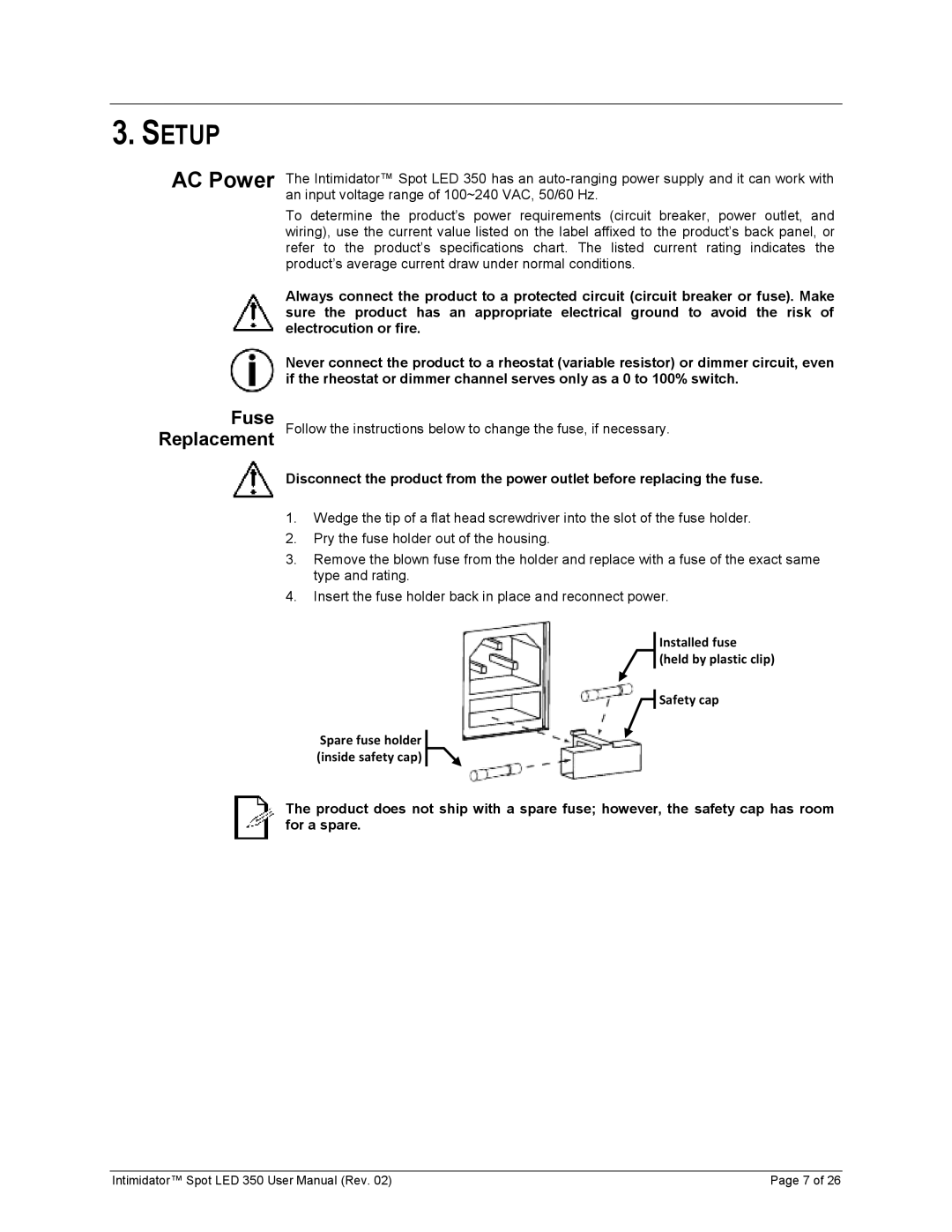 Chauvet 350 user manual Setup, AC Power, Fuse Replacement 