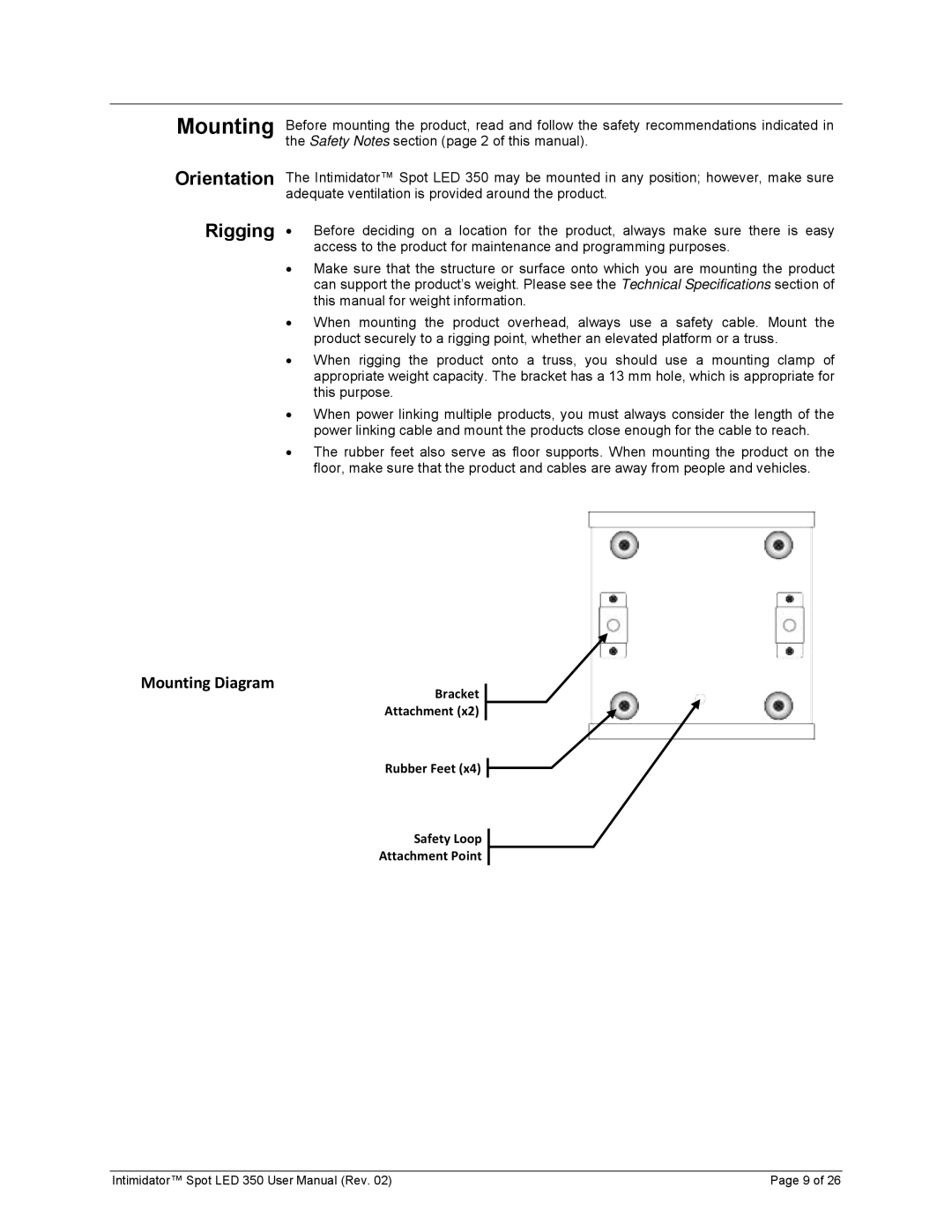 Chauvet 350 user manual Mounting, Orientation Rigging 