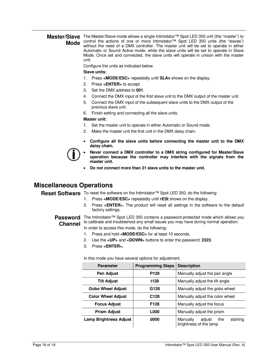 Chauvet 350 user manual Miscellaneous Operations, Master/Slave Mode, Reset Software Password Channel 