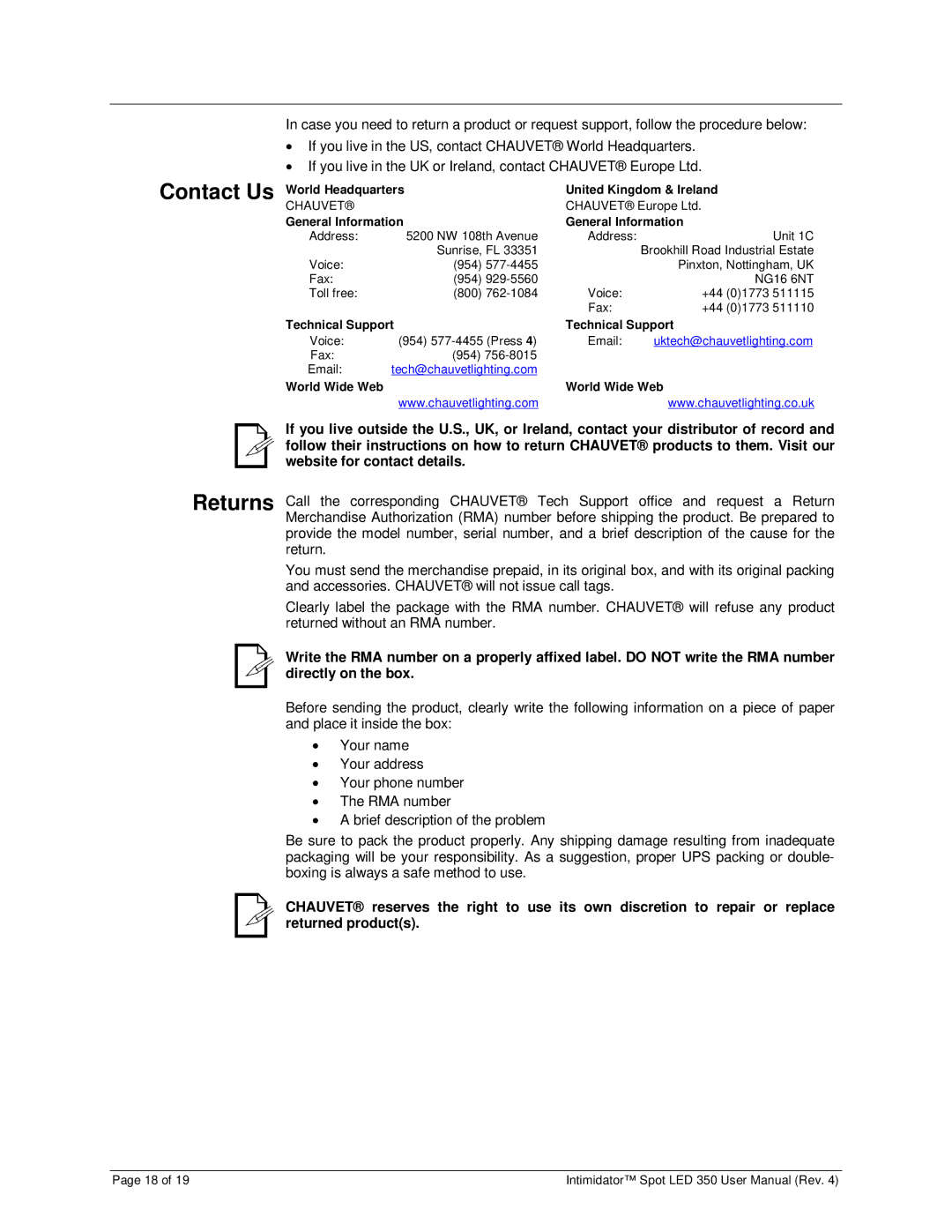 Chauvet 350 user manual Contact Us, World Headquarters United Kingdom & Ireland, General Information, Technical Support 