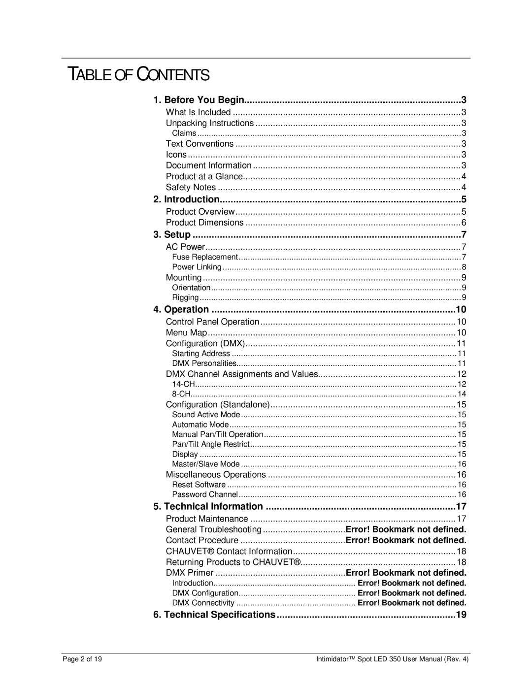 Chauvet 350 user manual Table of Contents 