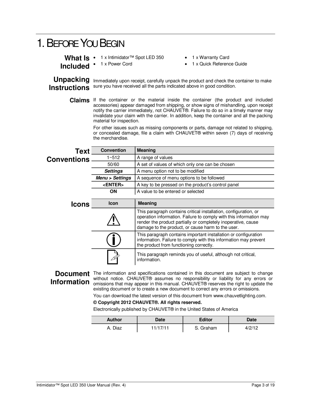 Chauvet 350 user manual Before YOU Begin, What Is Included, Unpacking Instructions, Text, Icons 