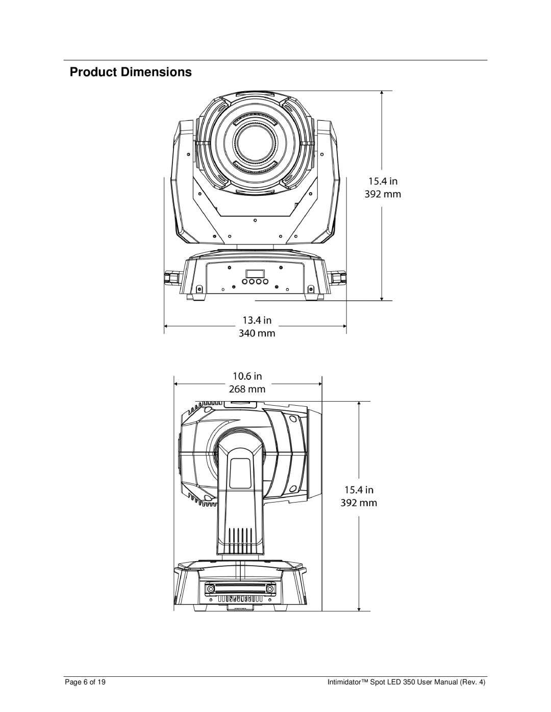 Chauvet 350 user manual Product Dimensions 