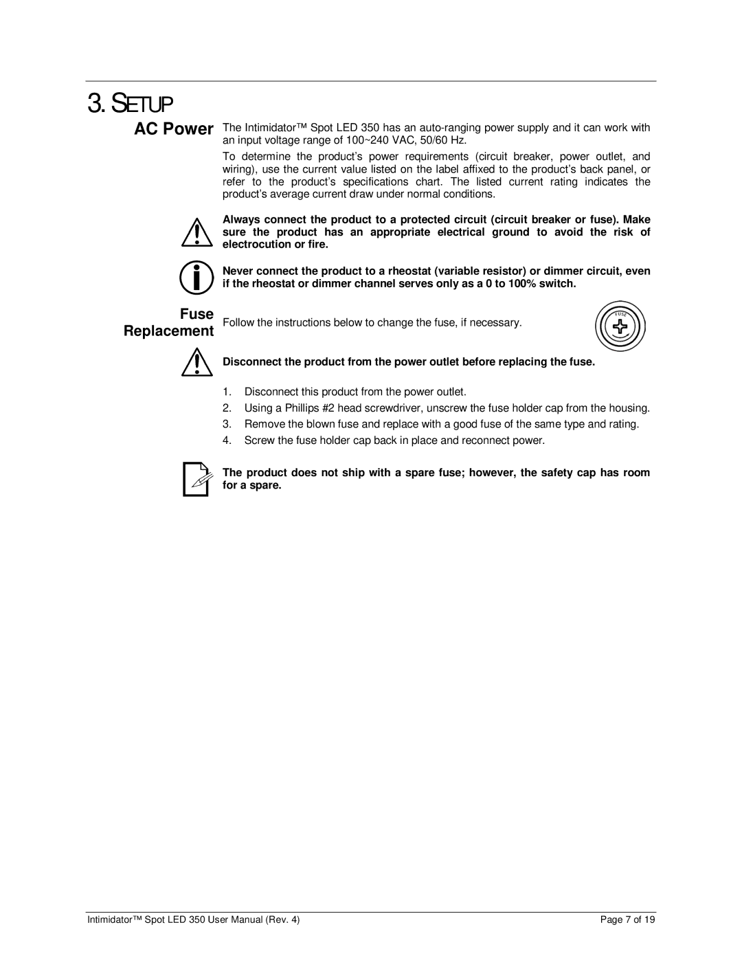 Chauvet 350 user manual Setup, AC Power, Fuse Replacement 