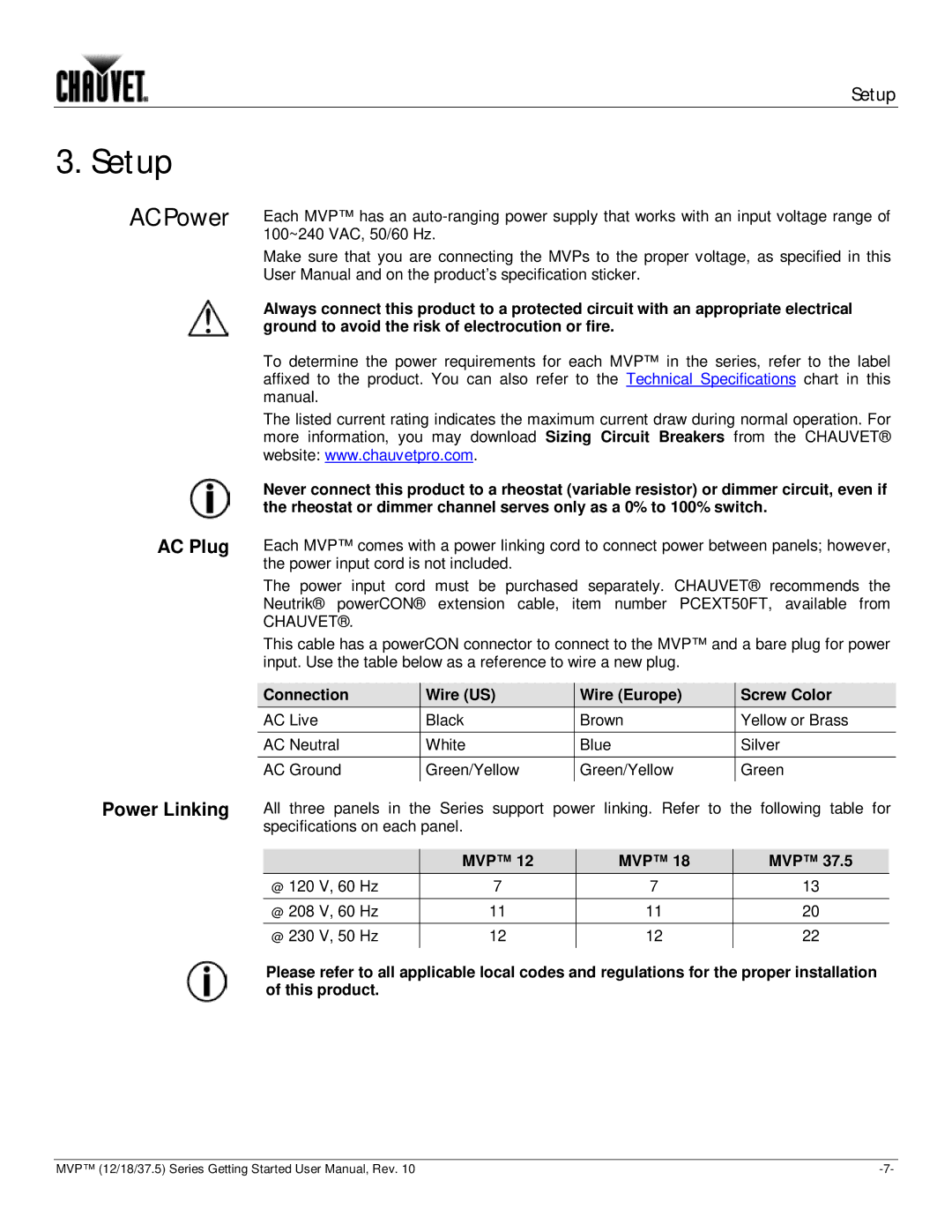 Chauvet 12, 37.5, 18 user manual Setup, AC Power, AC Plug, Power Linking 