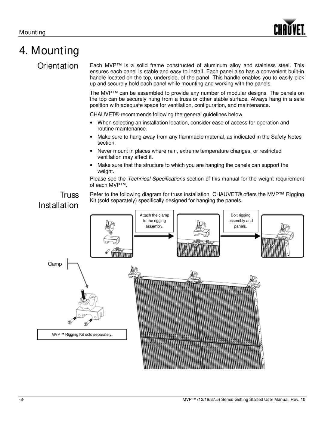 Chauvet 37.5, 18, 12 user manual Mounting, Orientation Truss Installation 