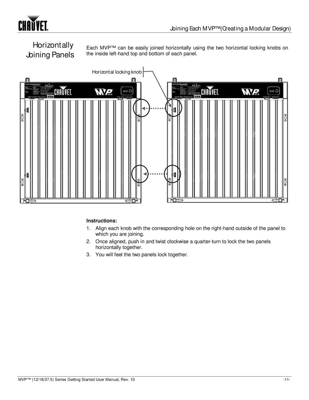 Chauvet 37.5, 18, 12 user manual Horizontally Joining Panels, Instructions 