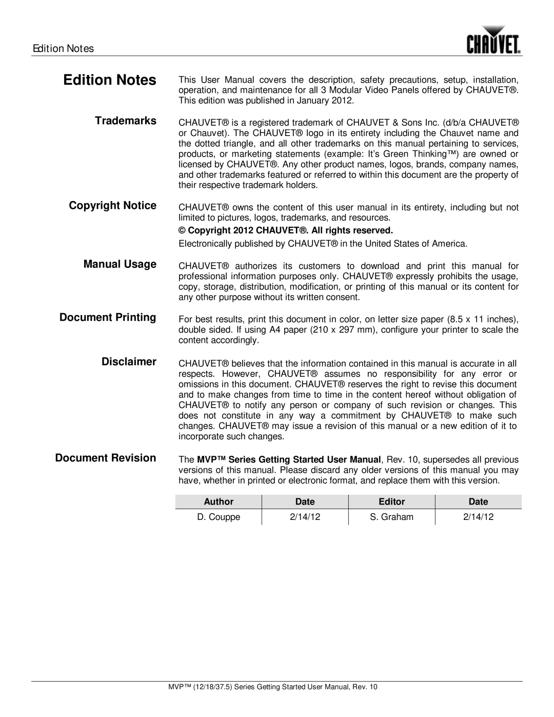 Chauvet 12, 37.5, 18 user manual Edition Notes 