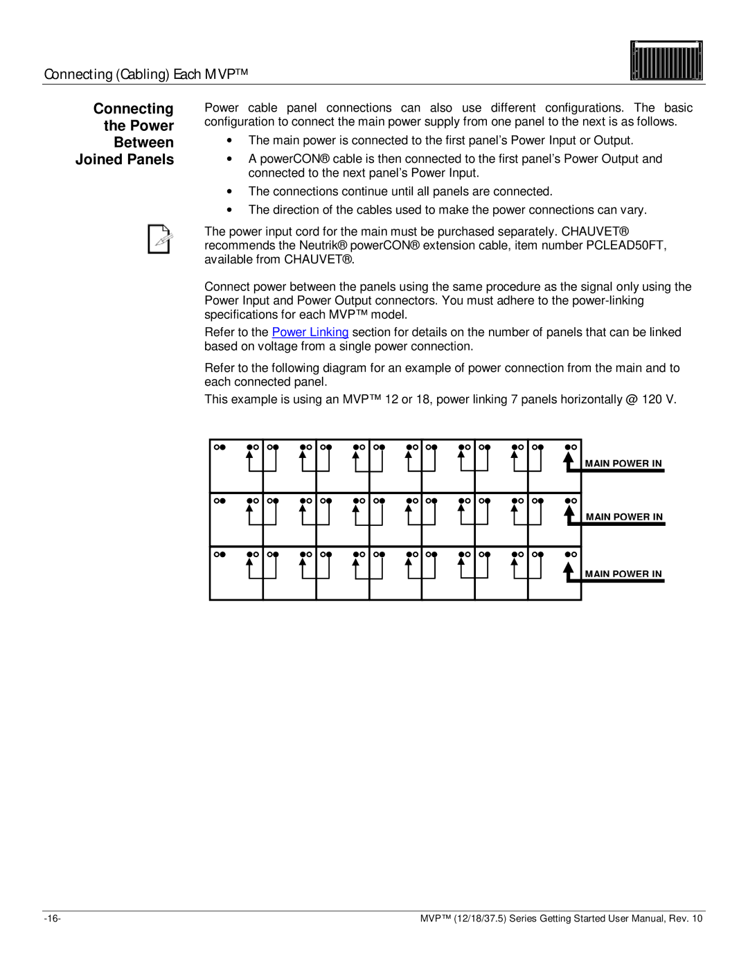 Chauvet 12, 37.5, 18 user manual Connecting Power Between Joined Panels 