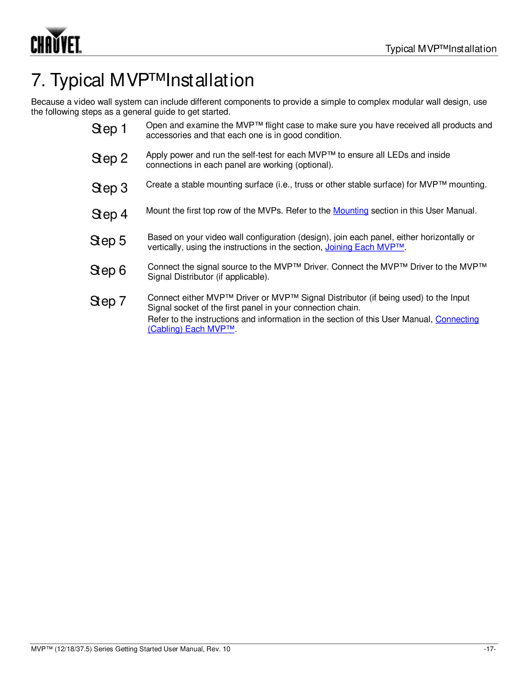 Chauvet 37.5, 18, 12 user manual Typical MVP Installation, Step 