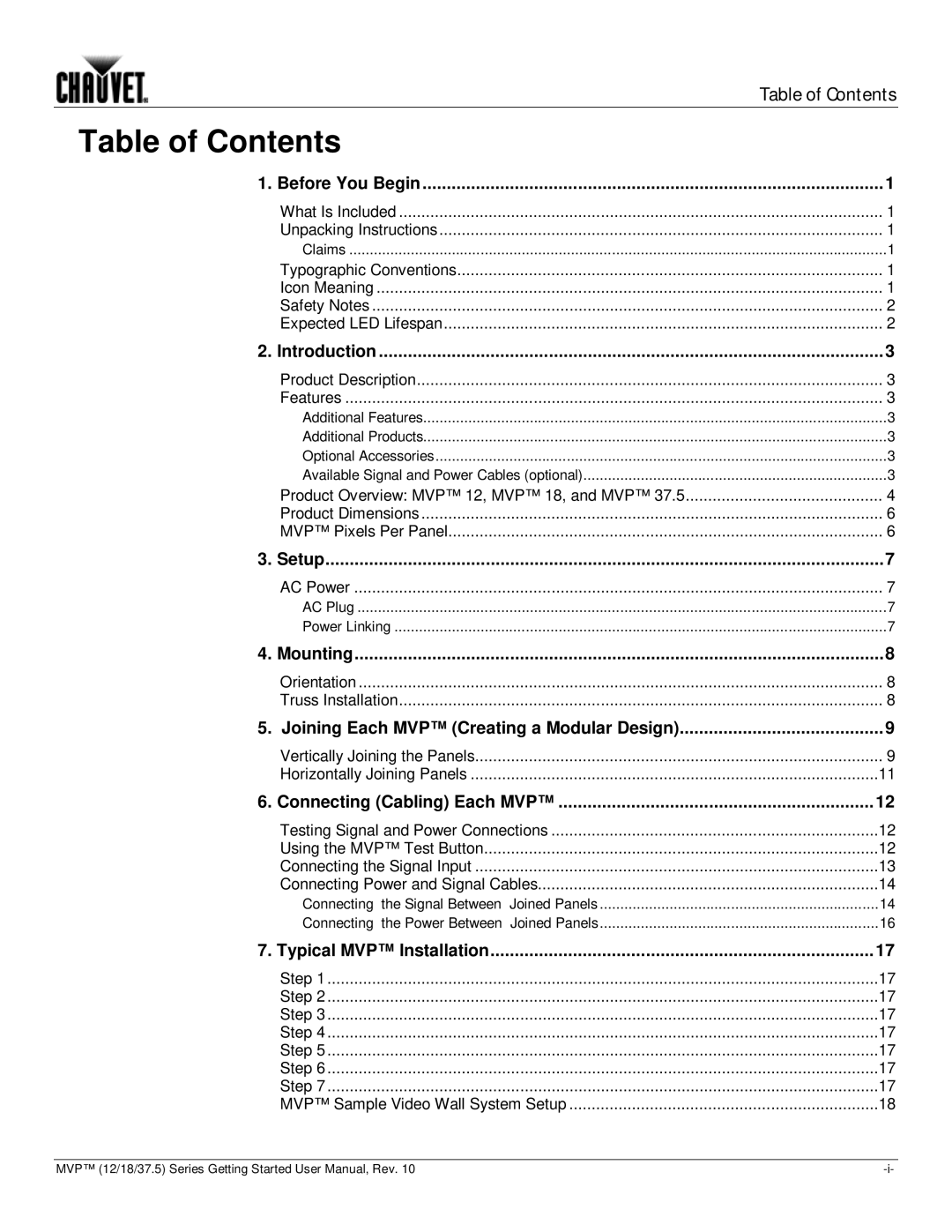 Chauvet 37.5, 18, 12 user manual Table of Contents 