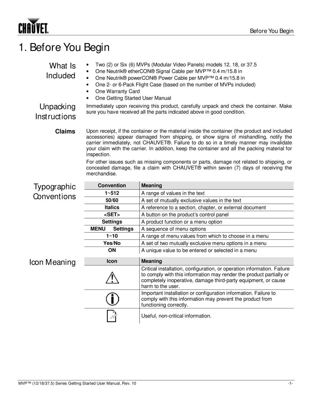 Chauvet 12, 37.5 Before You Begin, What Is Included Unpacking Instructions, Typographic Conventions Icon Meaning, Claims 