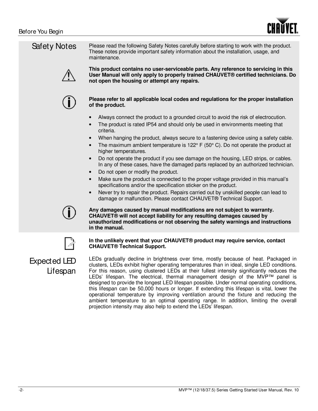 Chauvet 37.5, 18, 12 user manual Safety Notes Expected LED Lifespan 