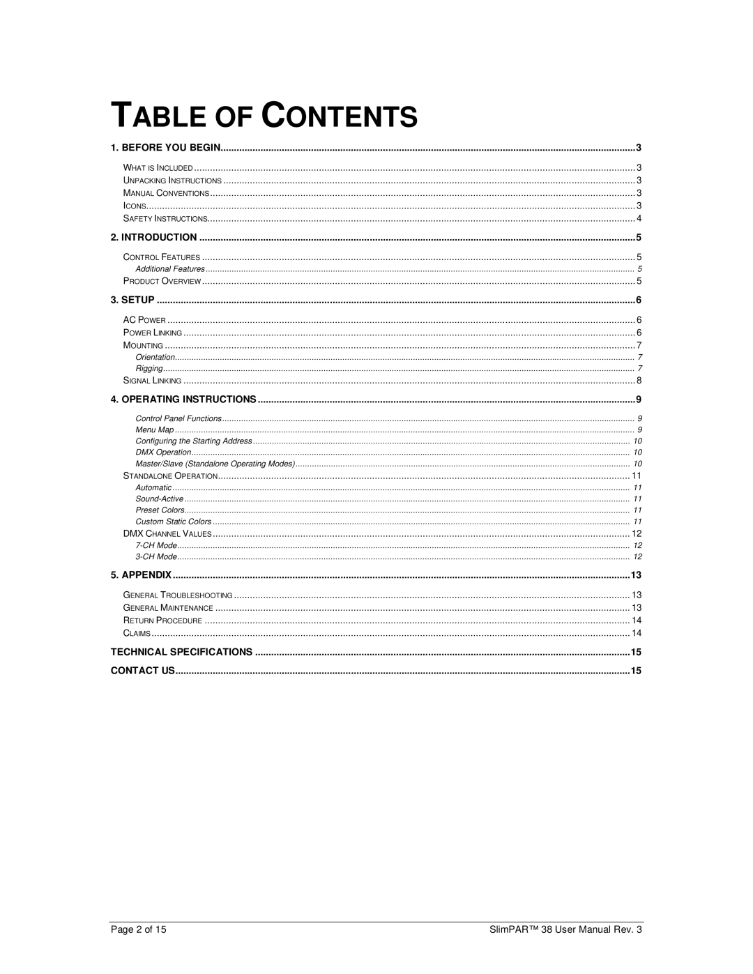 Chauvet 38 user manual Table of Contents 