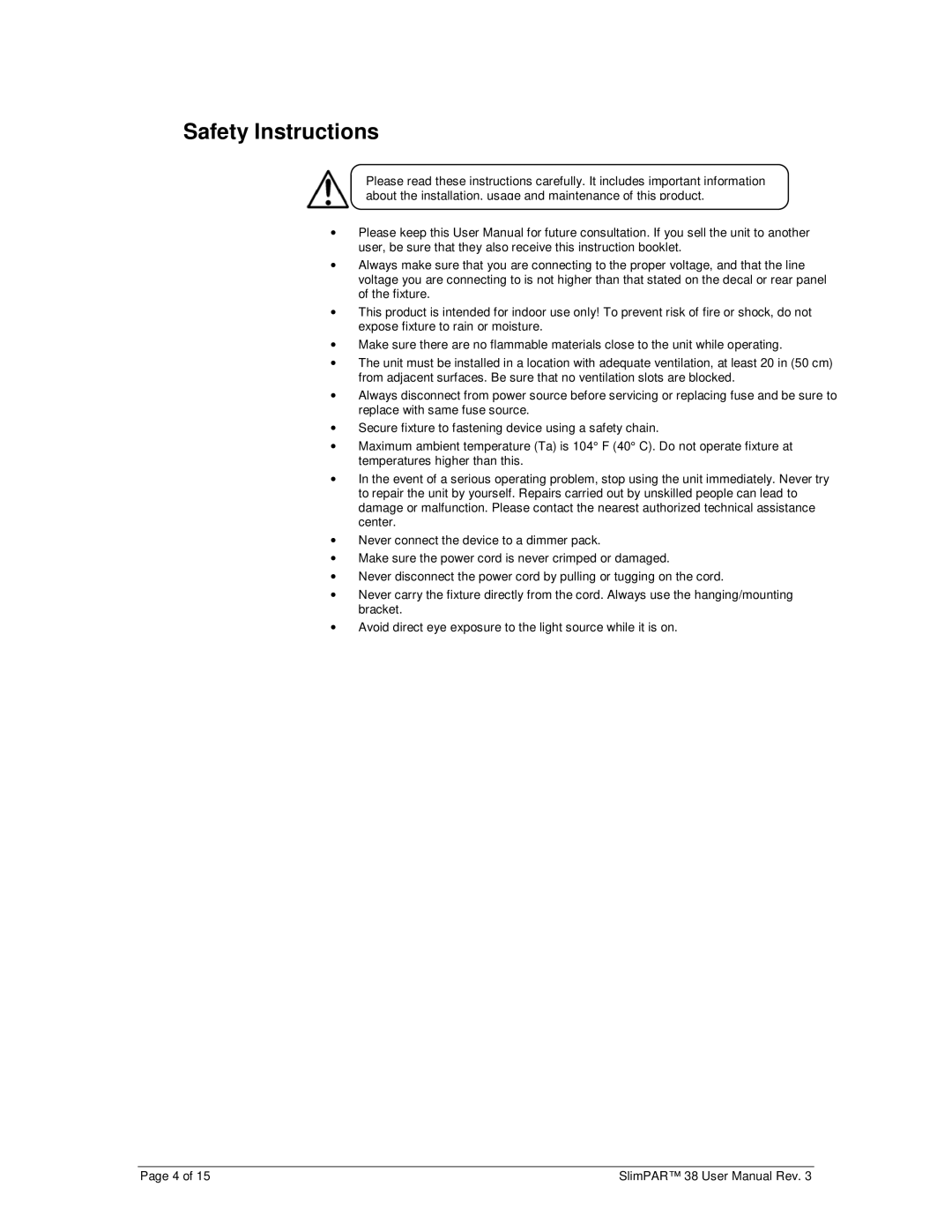 Chauvet 38 user manual Safety Instructions 