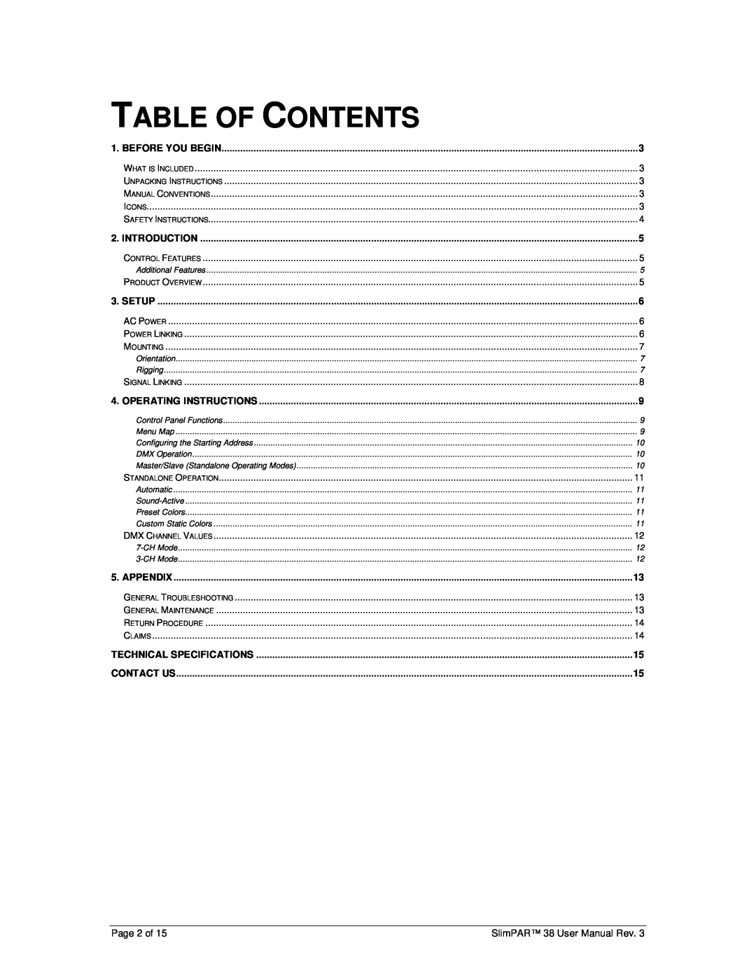 Chauvet user manual Table Of Contents, Page 2 of, SlimPAR 38 User Manual Rev 