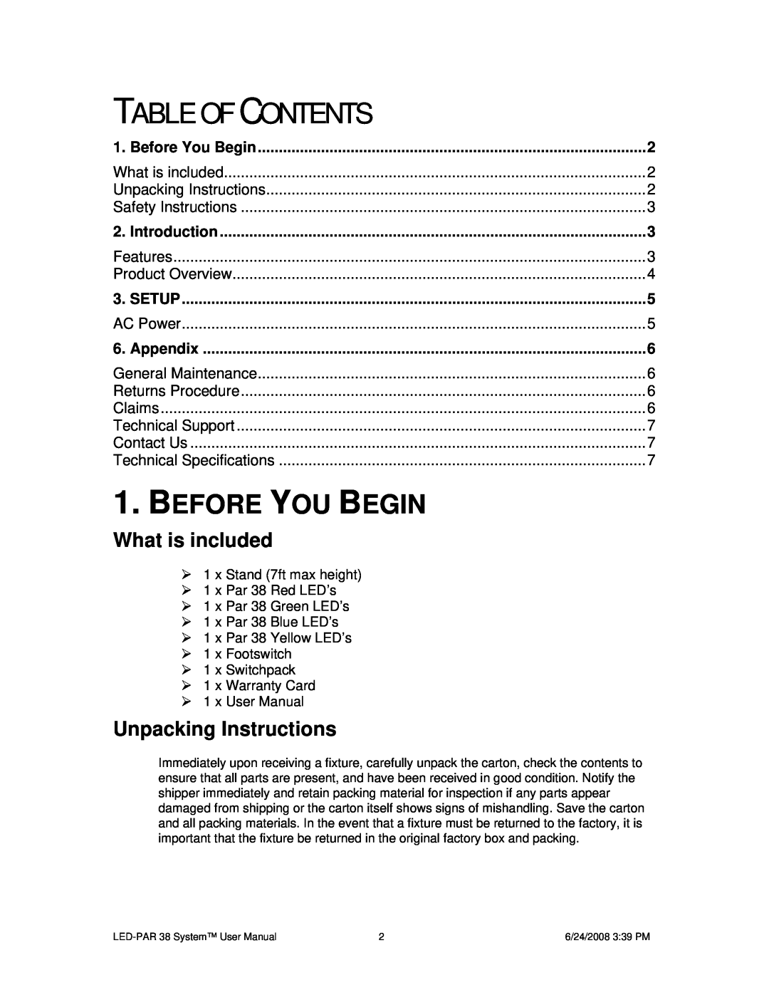 Chauvet 38 Table Of Contents, Before You Begin, What is included, Unpacking Instructions, Introduction, Setup, Appendix 