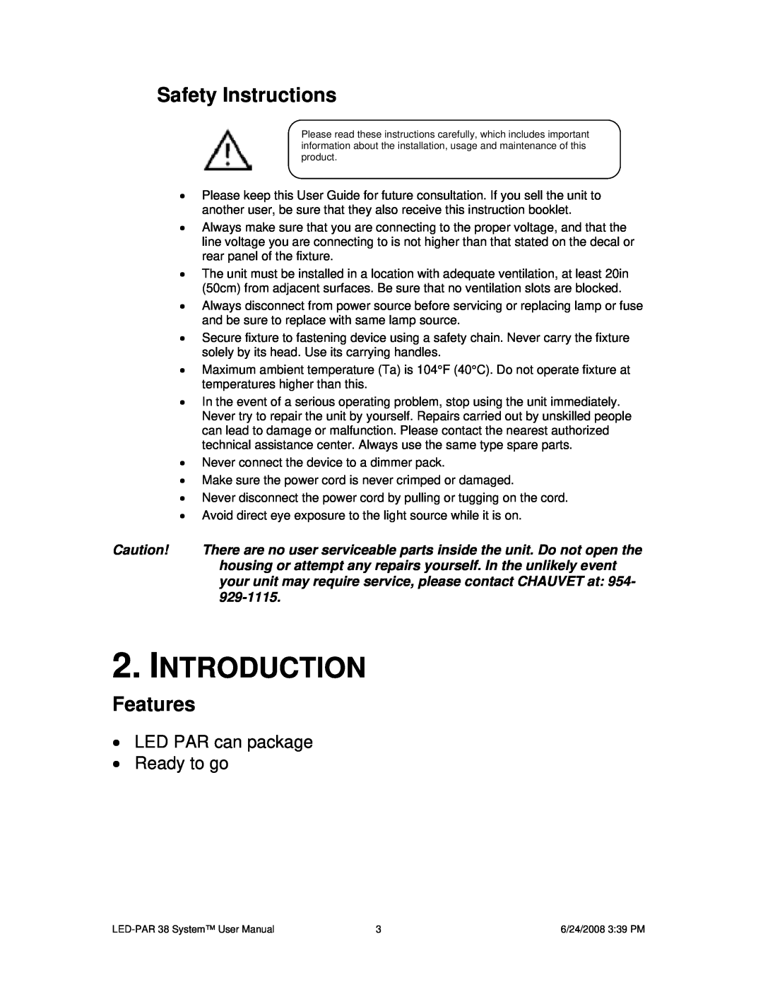 Chauvet 38 user manual Introduction, Safety Instructions, Features, LED PAR can package Ready to go 
