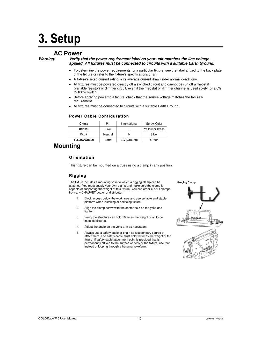 Chauvet 3P user manual Setup, AC Power, Mounting 