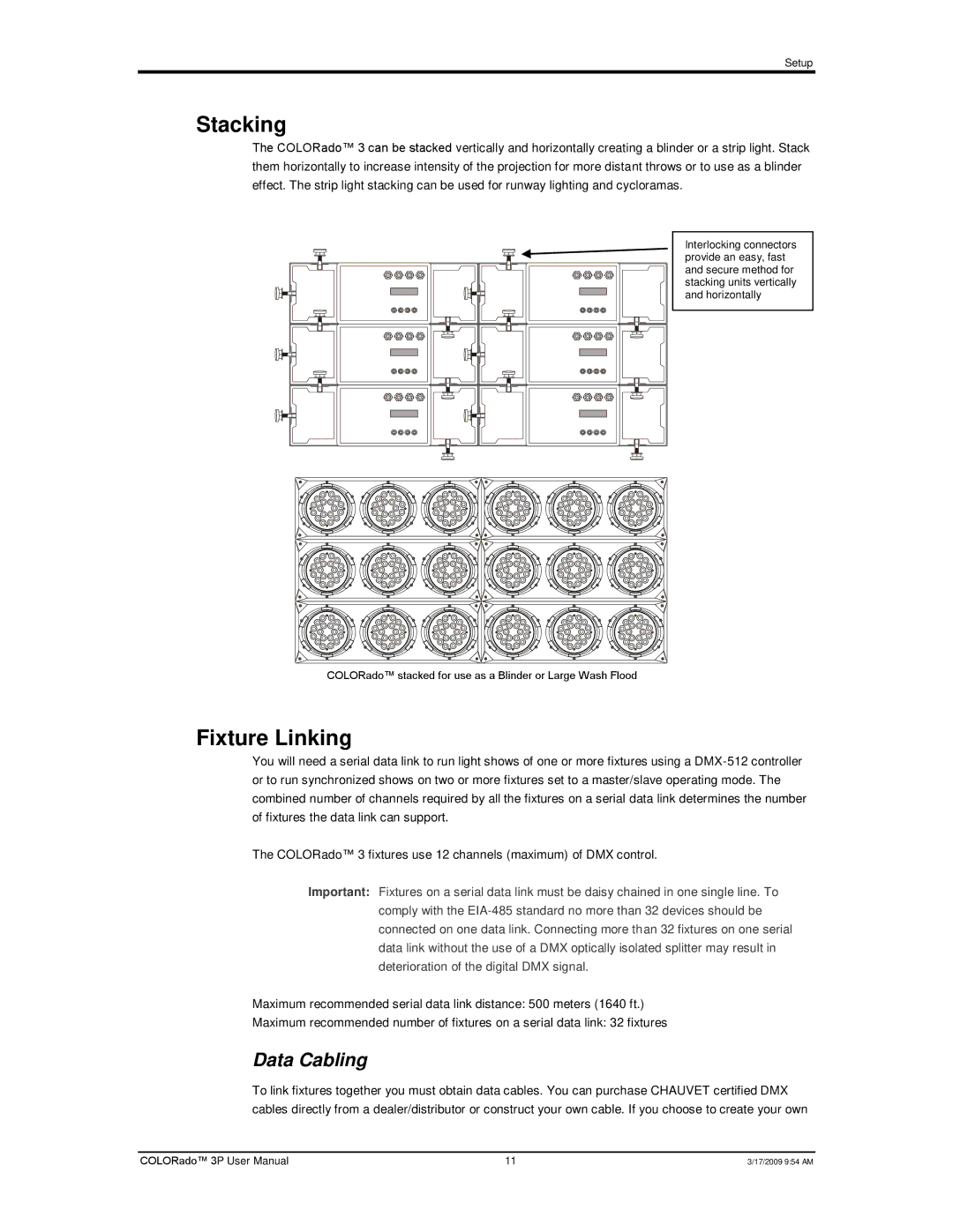 Chauvet 3P user manual Stacking, Fixture Linking, Data Cabling 