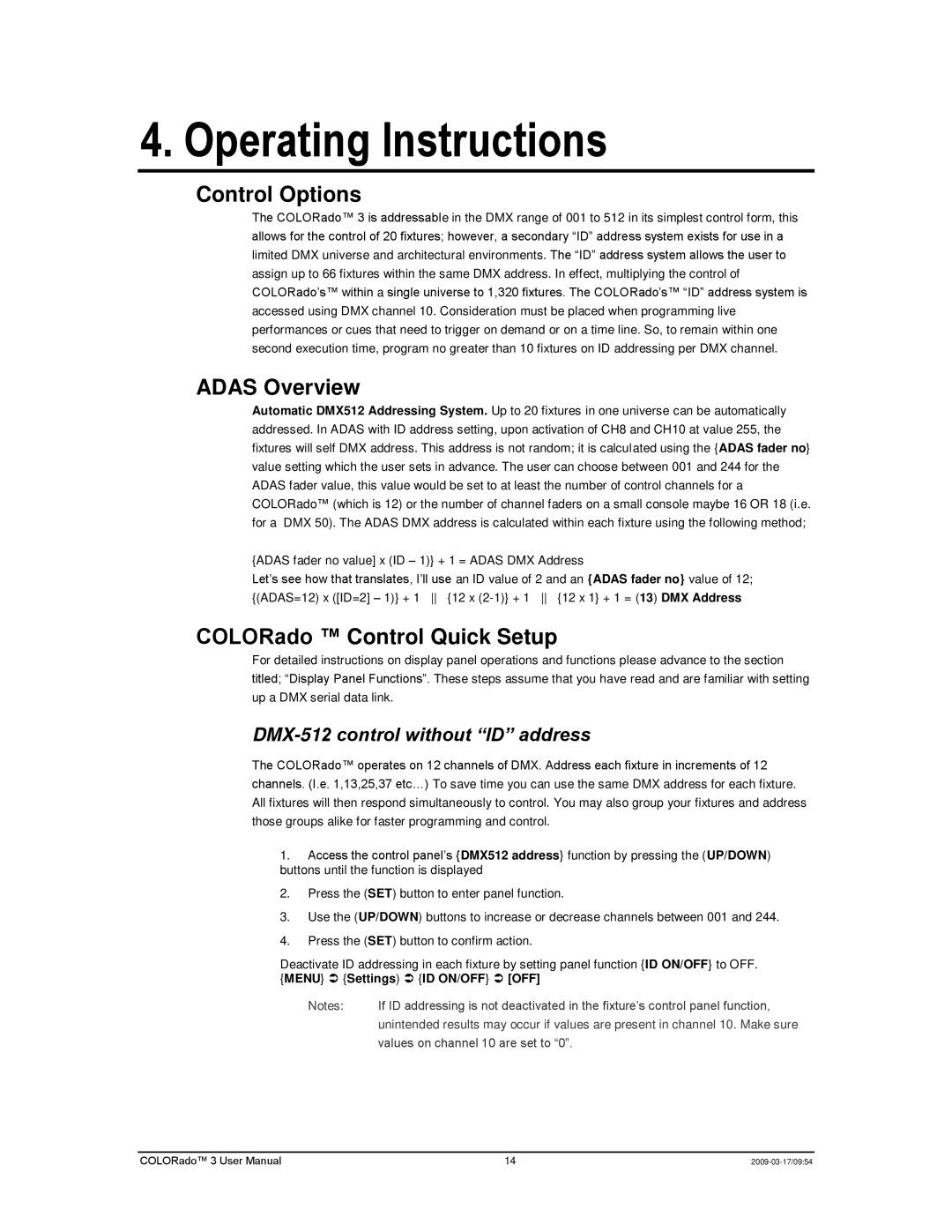 Chauvet 3P user manual Operating Instructions, Control Options, Adas Overview, COLORado Control Quick Setup 