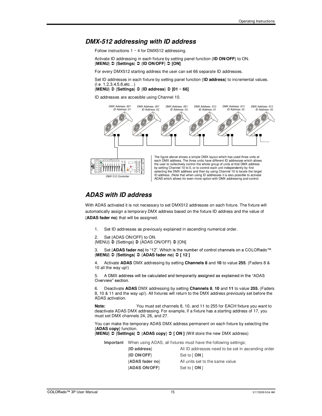 Chauvet 3P user manual DMX-512 addressing with ID address, Adas with ID address, Menu  Settings  ID address  01 ~ 