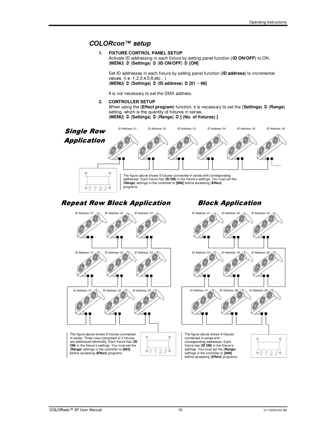 Chauvet 3P user manual COLORcon setup, Single Row Application, Repeat Row Block Application 