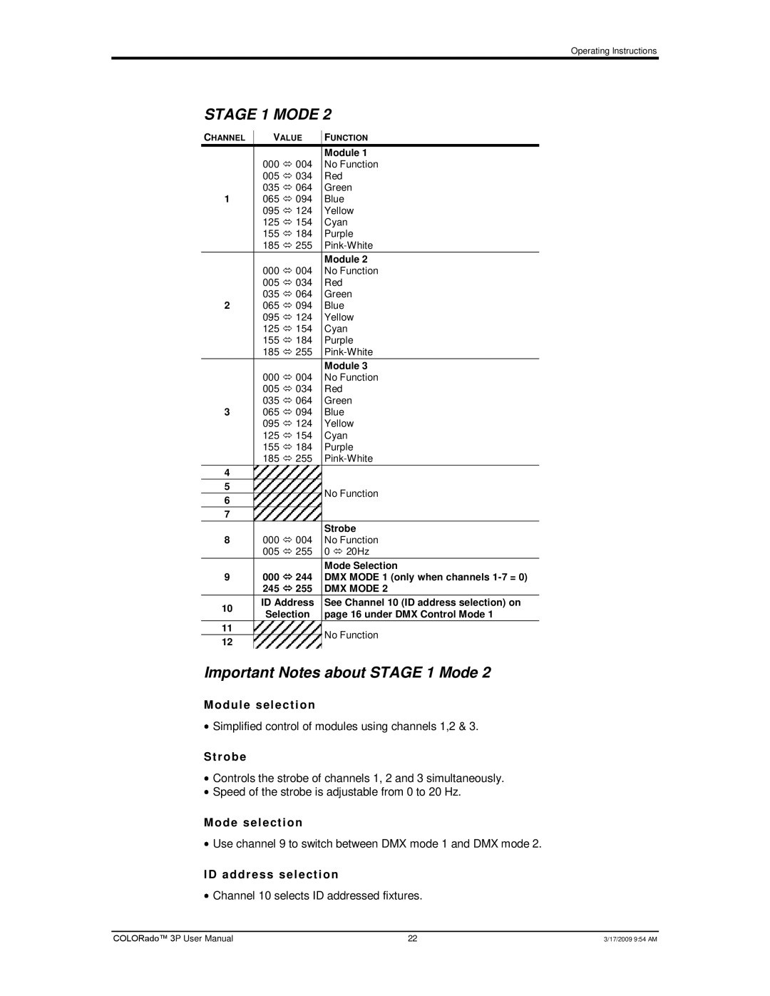 Chauvet 3P user manual Module, DMX Mode 1 only when channels 1-7 = 