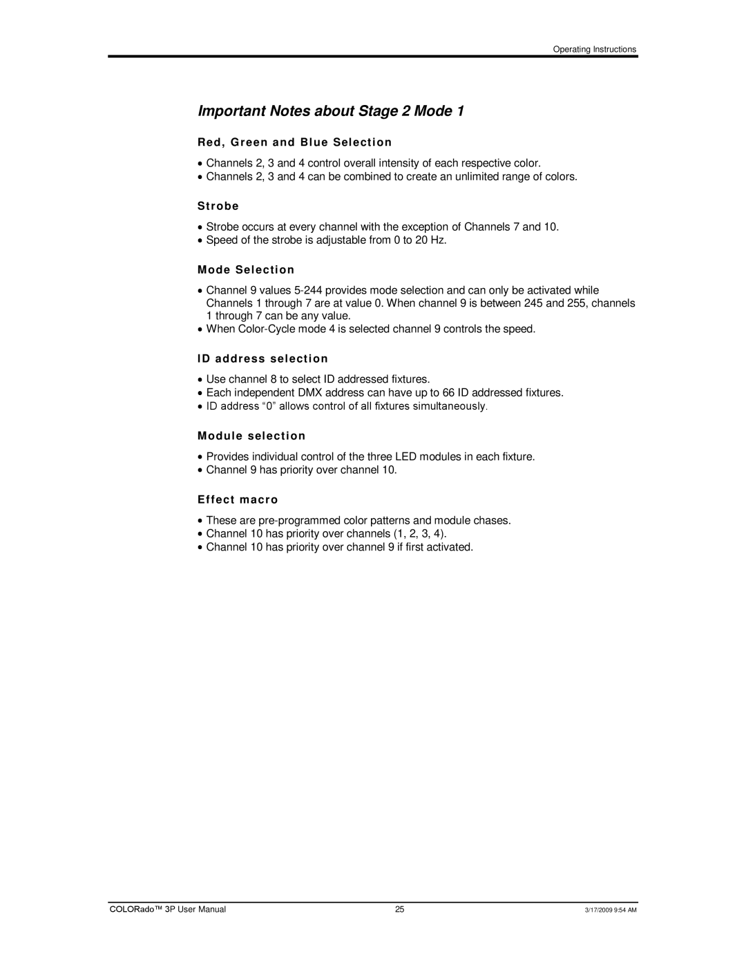 Chauvet 3P user manual Important Notes about Stage 2 Mode 