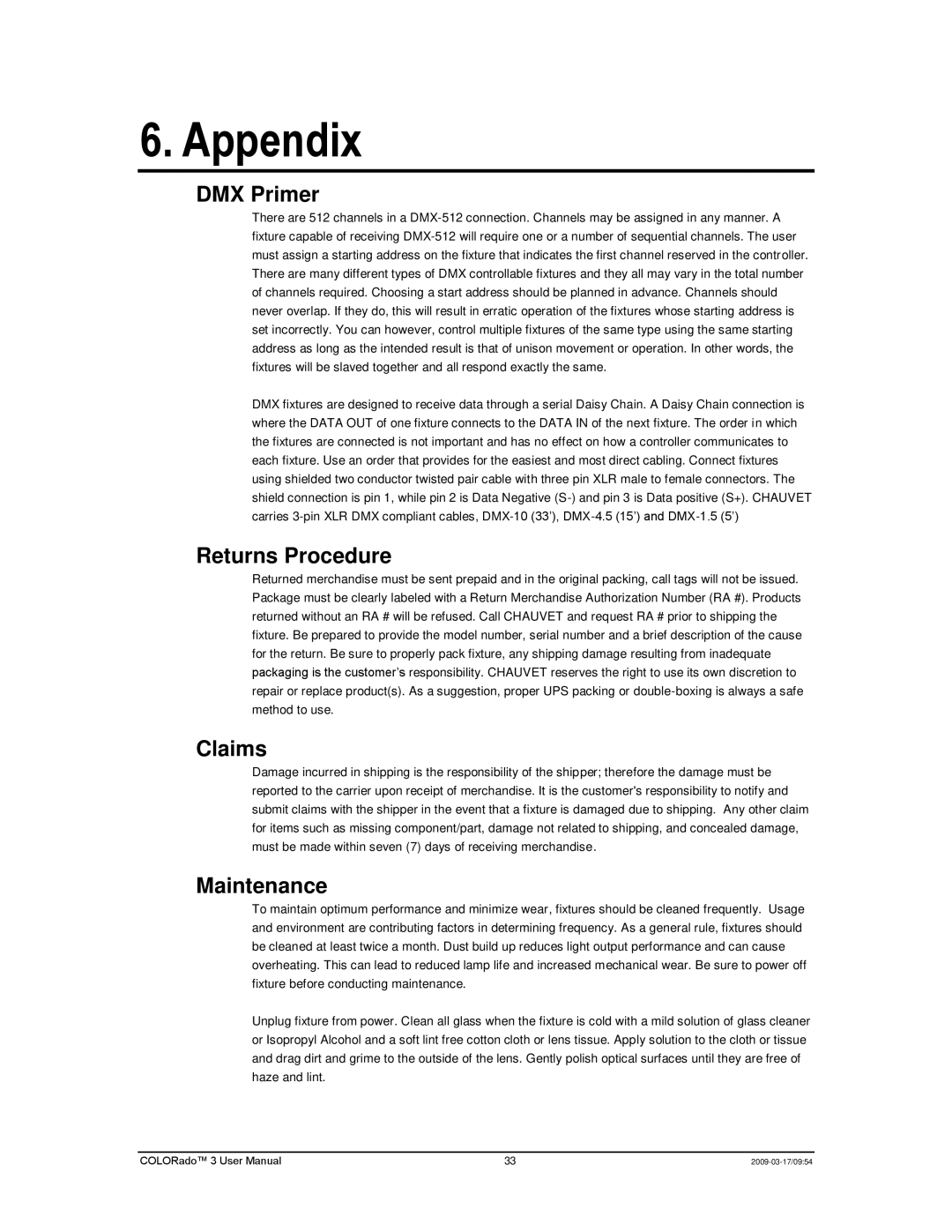 Chauvet 3P user manual Appendix, DMX Primer, Returns Procedure, Claims, Maintenance 