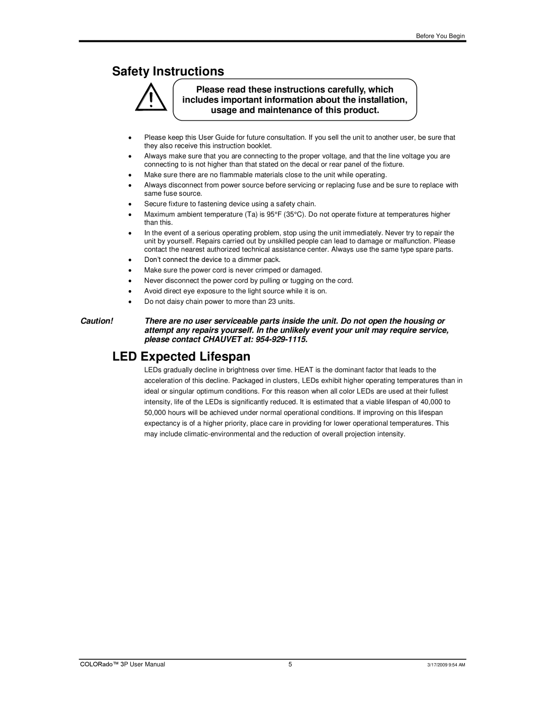 Chauvet 3P user manual Safety Instructions, LED Expected Lifespan 