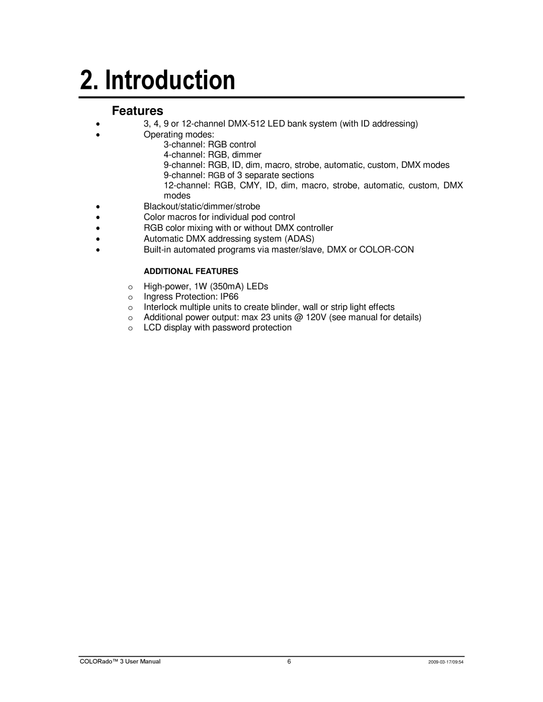 Chauvet 3P user manual Introduction, Features 