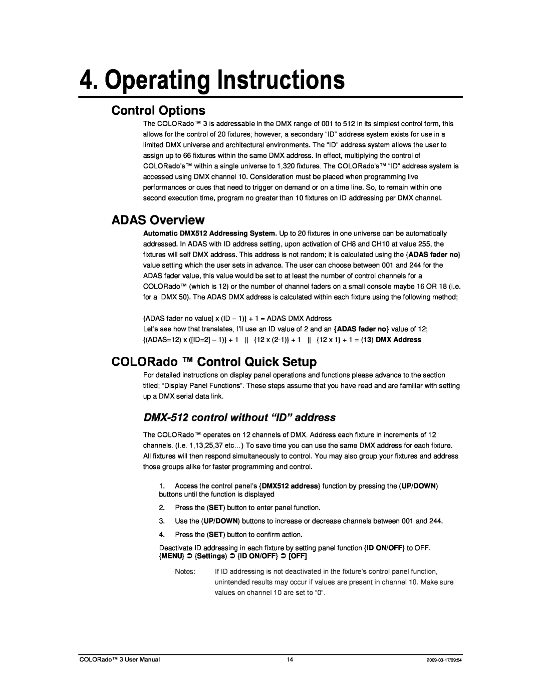 Chauvet 3P user manual Operating Instructions, Control Options, ADAS Overview, COLORado Control Quick Setup 