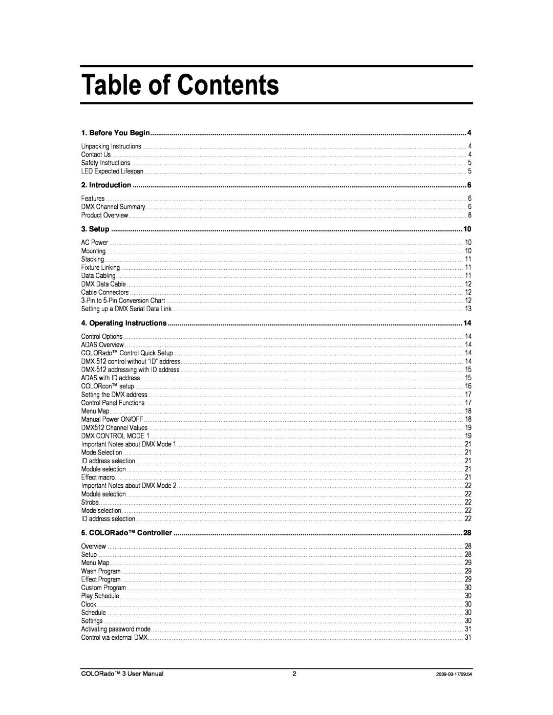 Chauvet 3P user manual Table of Contents, COLORado Controller 