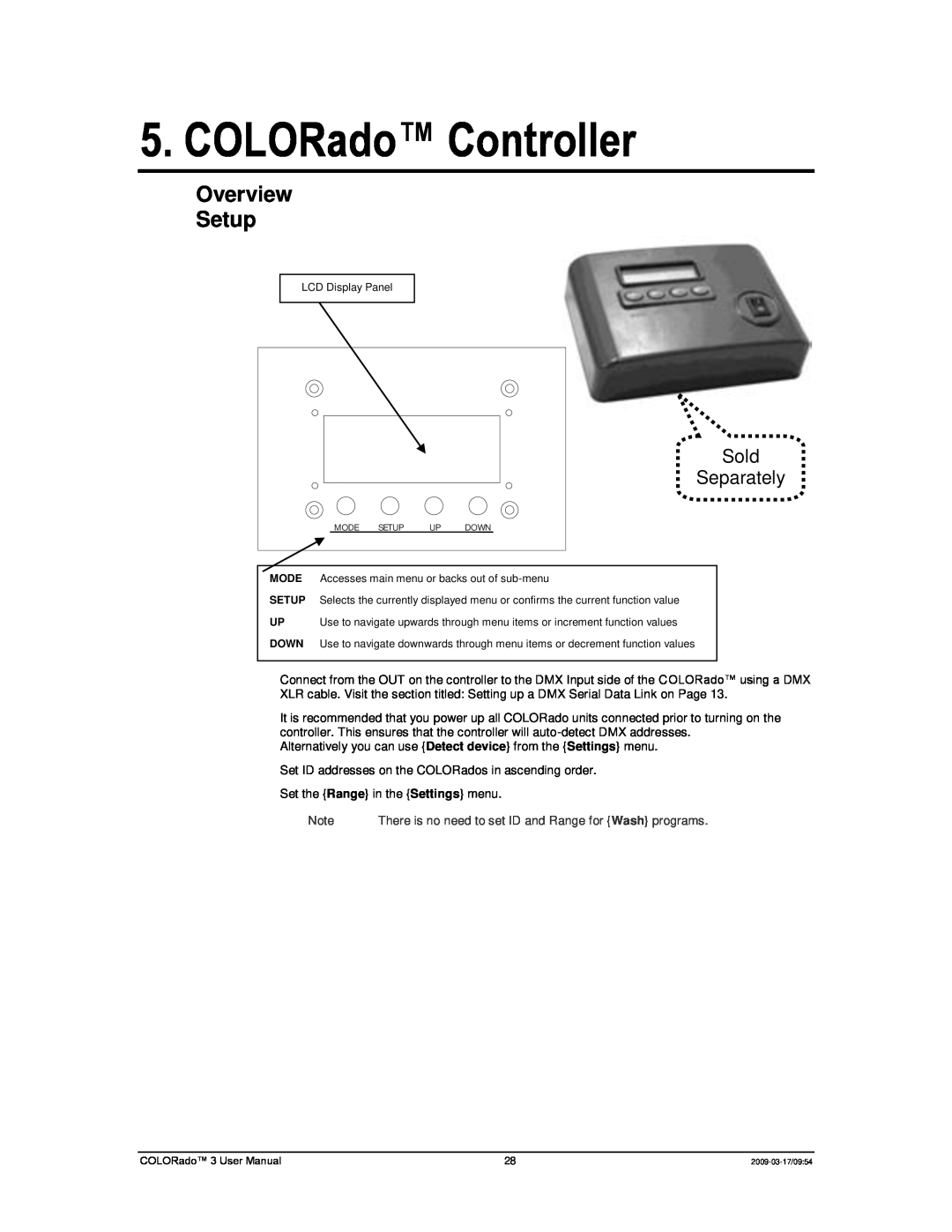 Chauvet 3P user manual COLORado Controller, Overview Setup, Sold Separately 