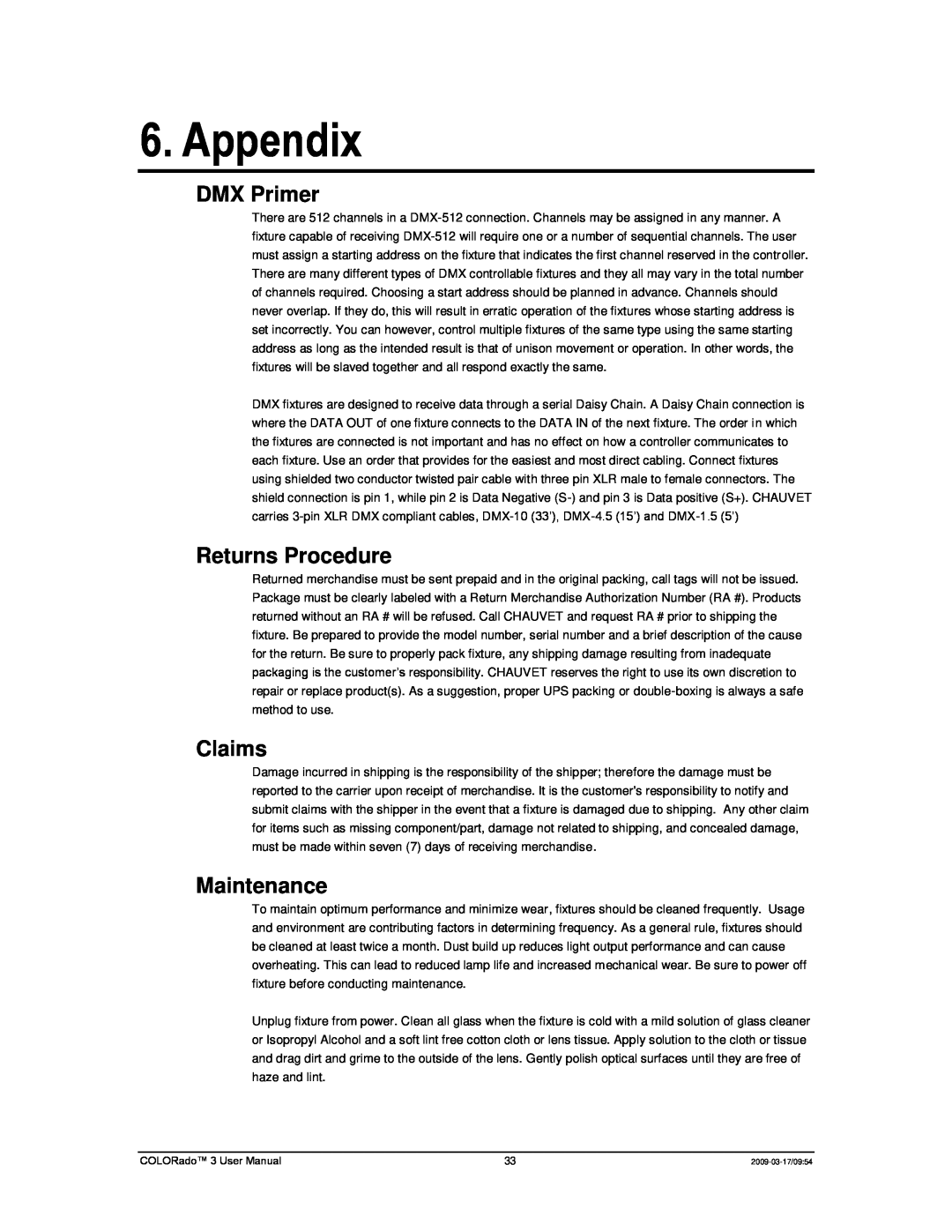 Chauvet 3P user manual Appendix, DMX Primer, Returns Procedure, Claims, Maintenance 