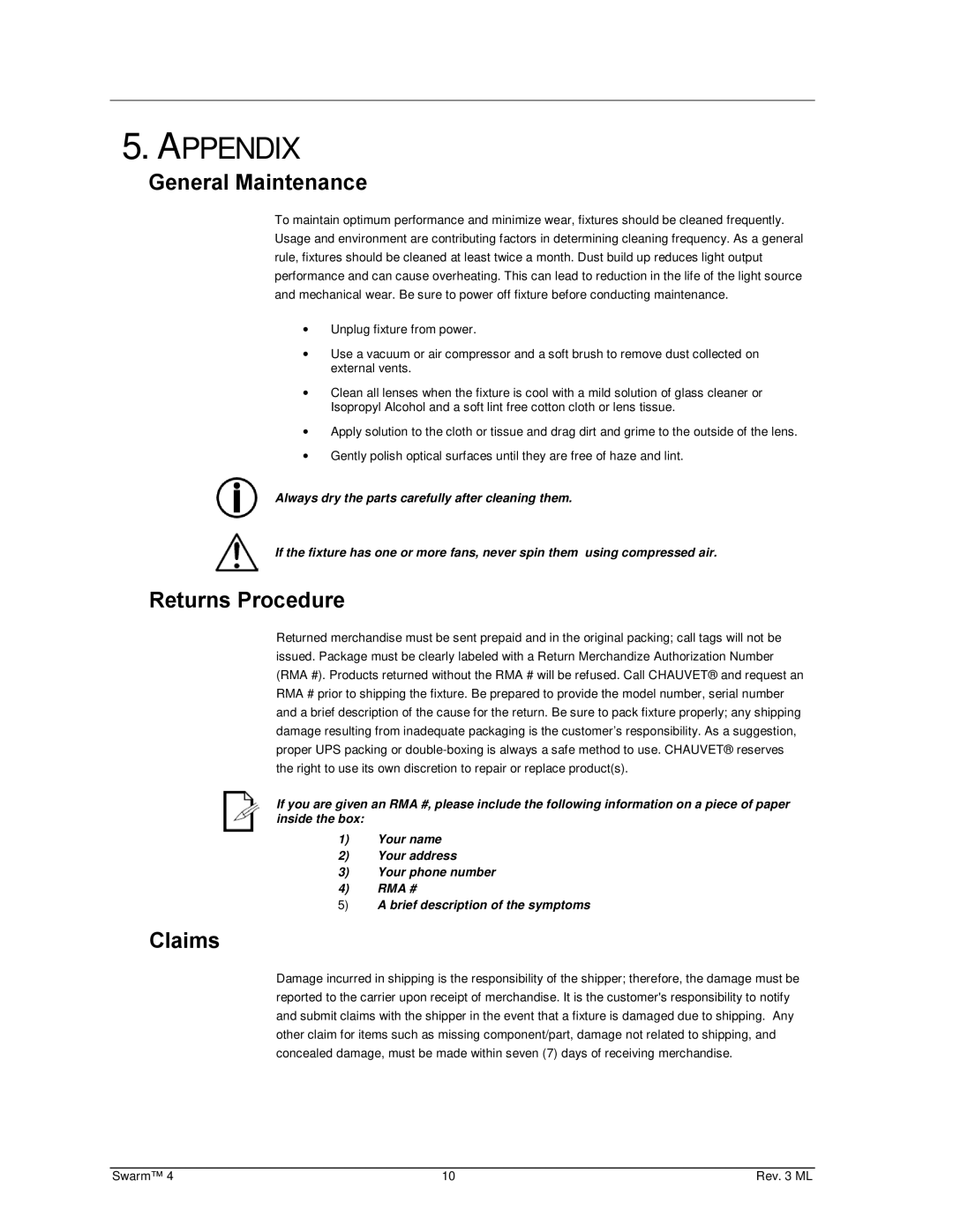 Chauvet 4 user manual Appendix, General Maintenance, Returns Procedure, Claims 