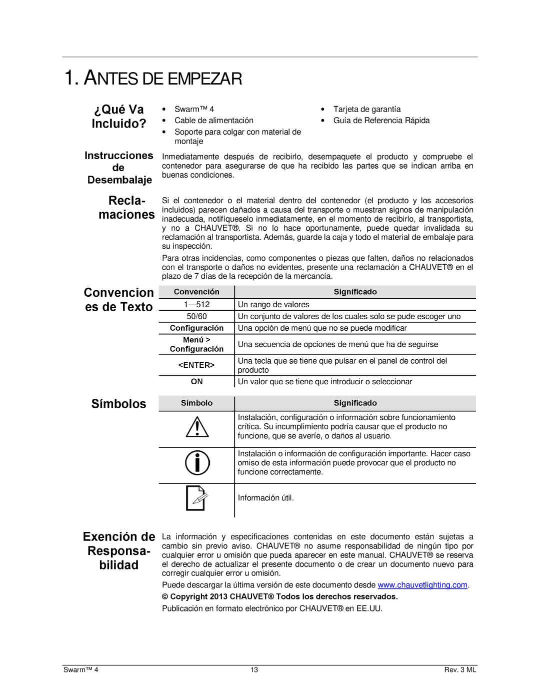 Chauvet 4 user manual Antes DE Empezar, ¿Qué Va Incluido?, Recla Maciones, Convencion Es de Texto Símbolos 