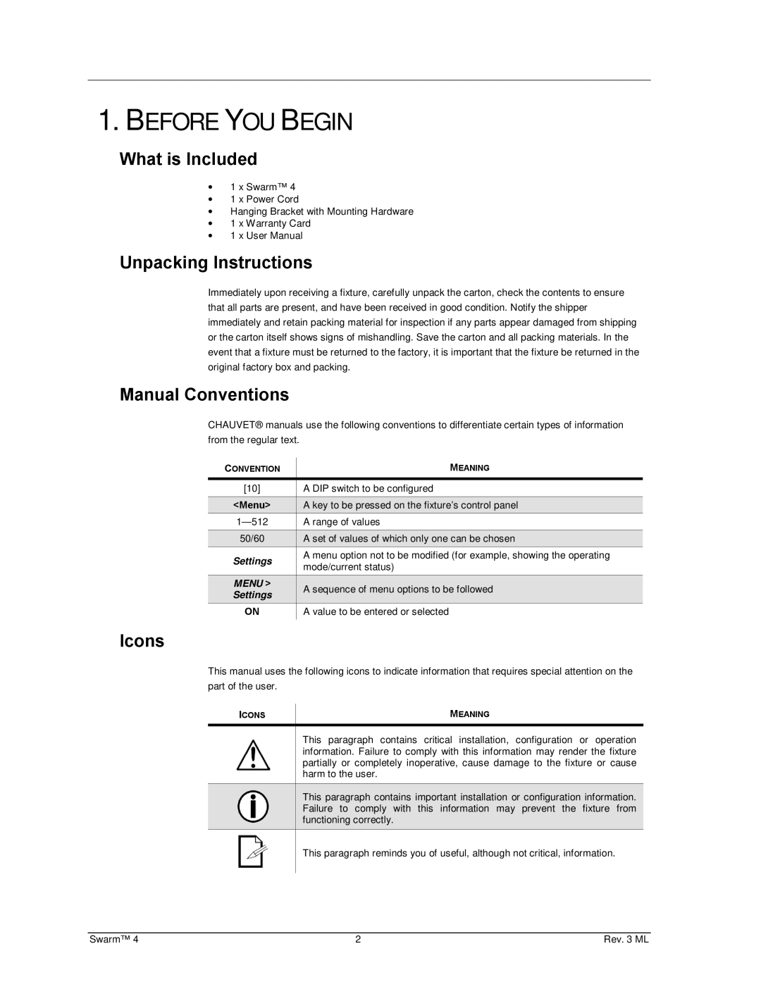 Chauvet 4 user manual Before YOU Begin, What is Included, Unpacking Instructions, Manual Conventions, Icons 