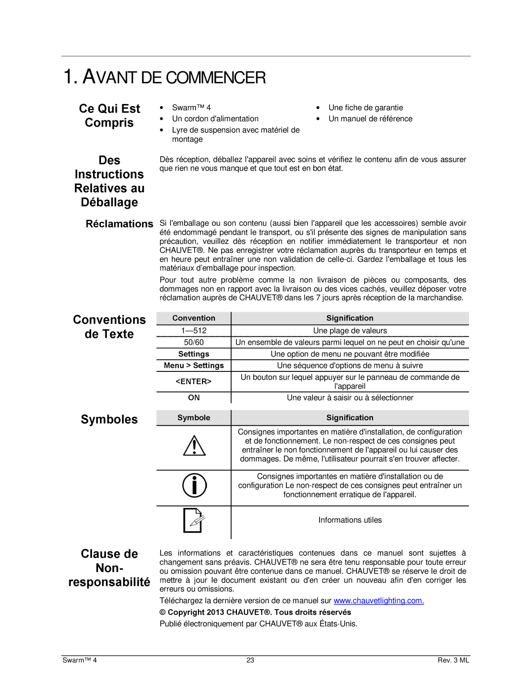 Chauvet 4 Avant DE Commencer, Ce Qui Est Compris, Des, Conventions De Texte Symboles Clause de Non Responsabilité 