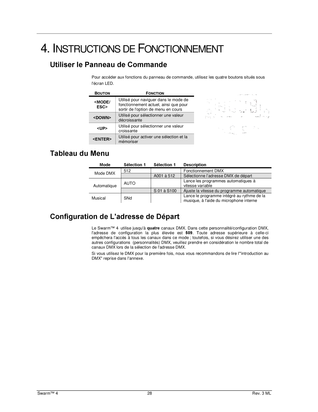 Chauvet 4 Instructions DE Fonctionnement, Utiliser le Panneau de Commande, Tableau du Menu, Sélection Description 