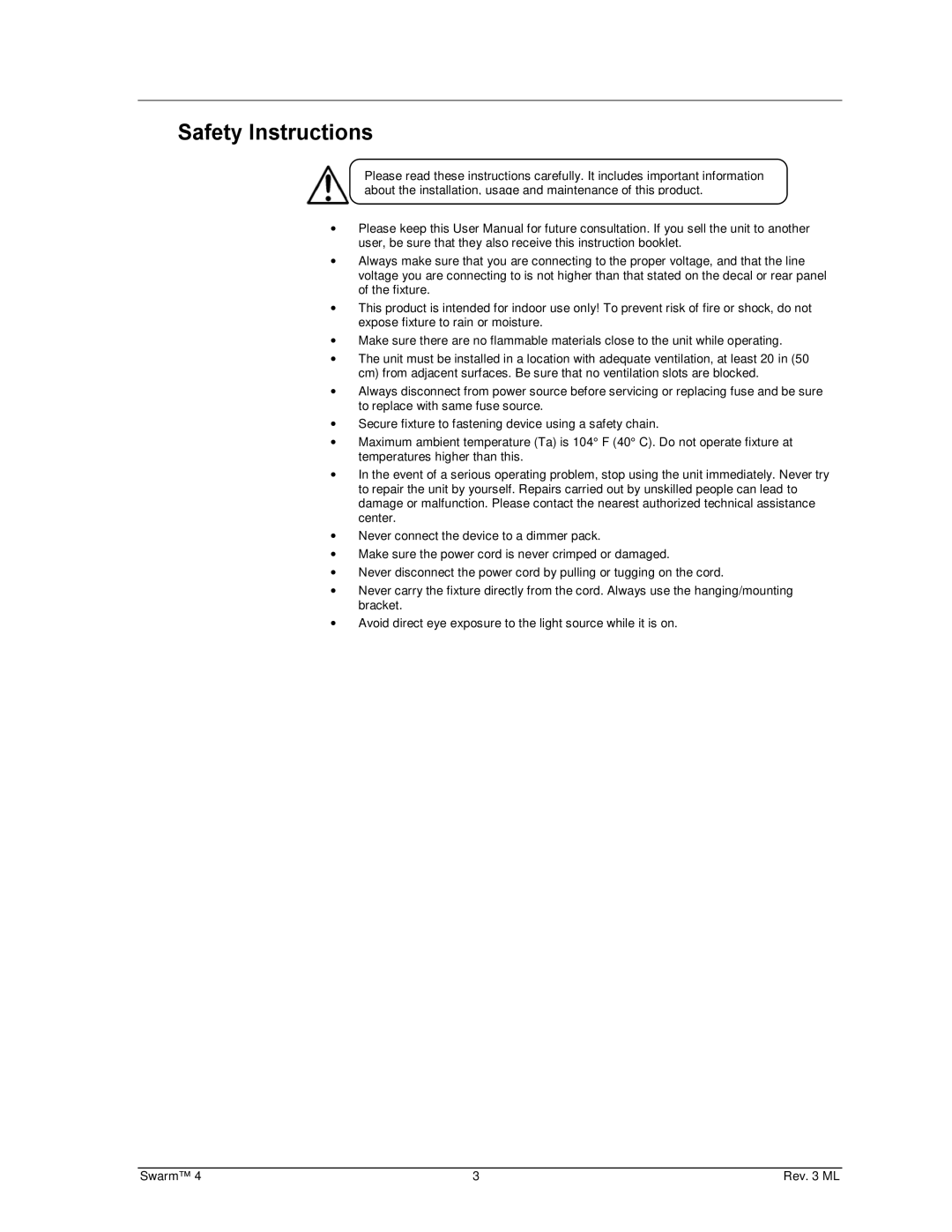 Chauvet 4 user manual Safety Instructions 