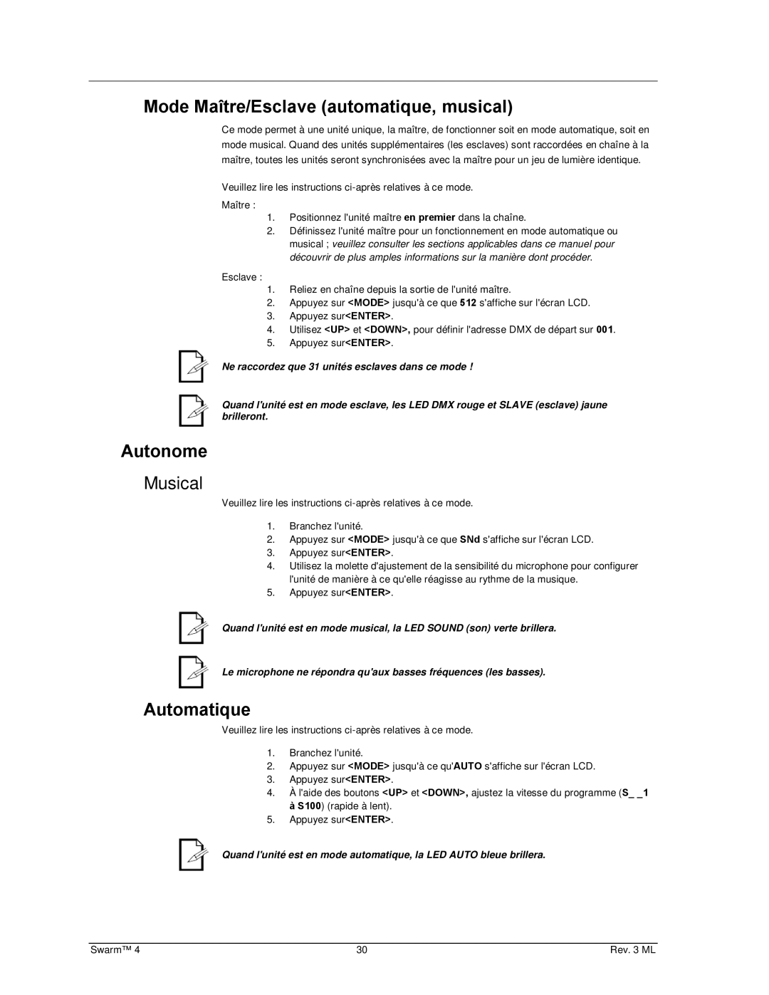 Chauvet 4 user manual Mode Maître/Esclave automatique, musical, Autonome, Automatique 