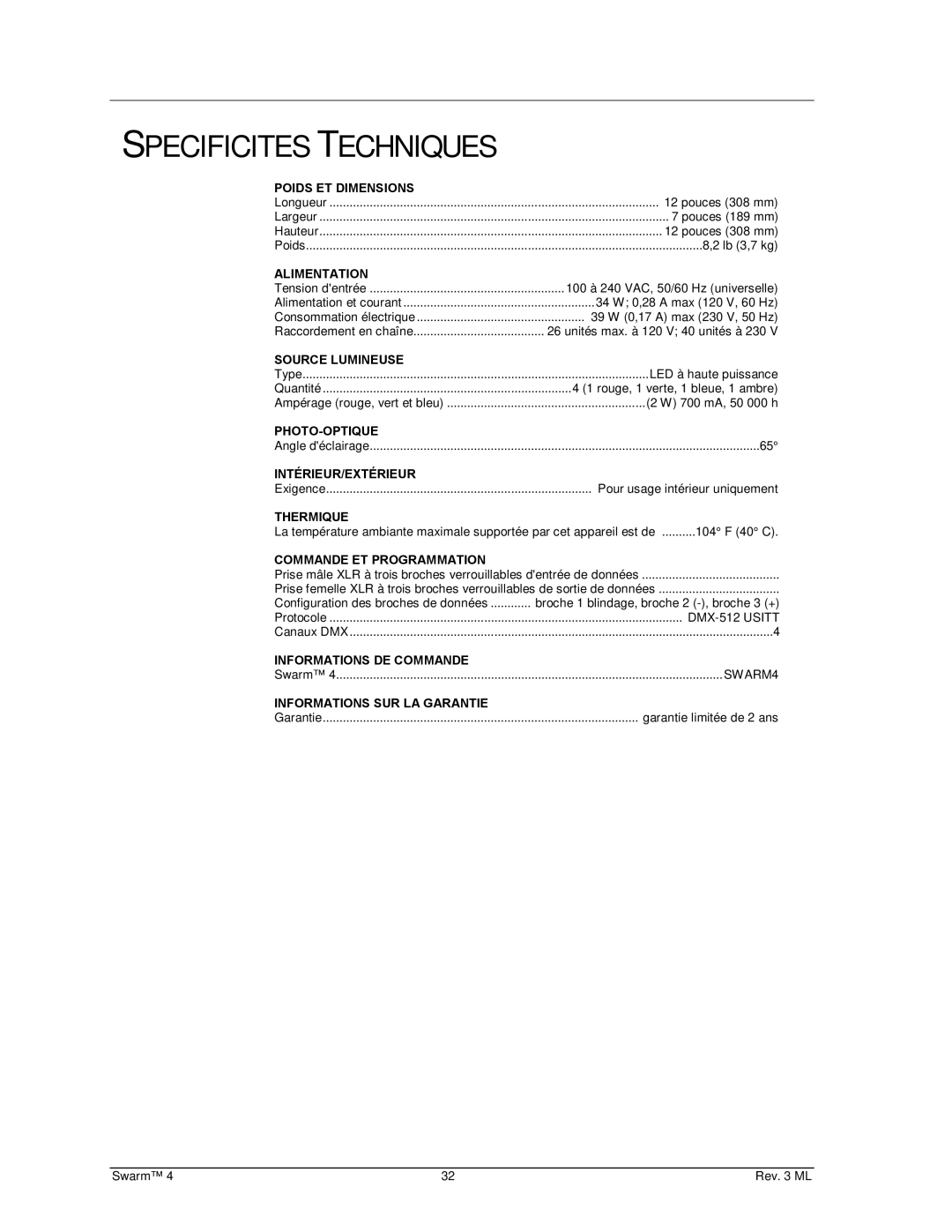 Chauvet 4 user manual Specificites Techniques, Alimentation 